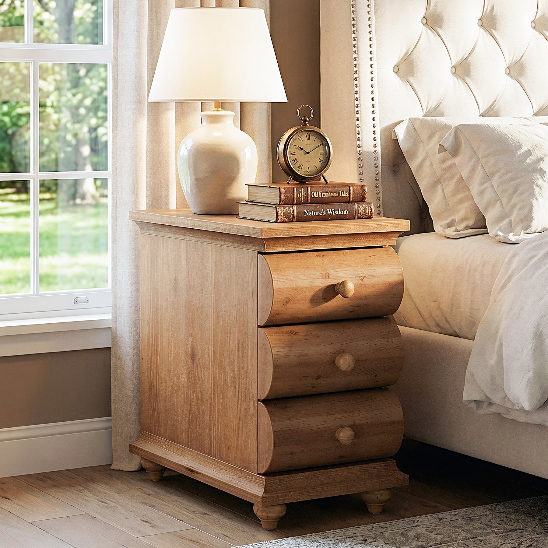 Solid Wood End Table with 3 Drawers, Narrow Side Table with Storage