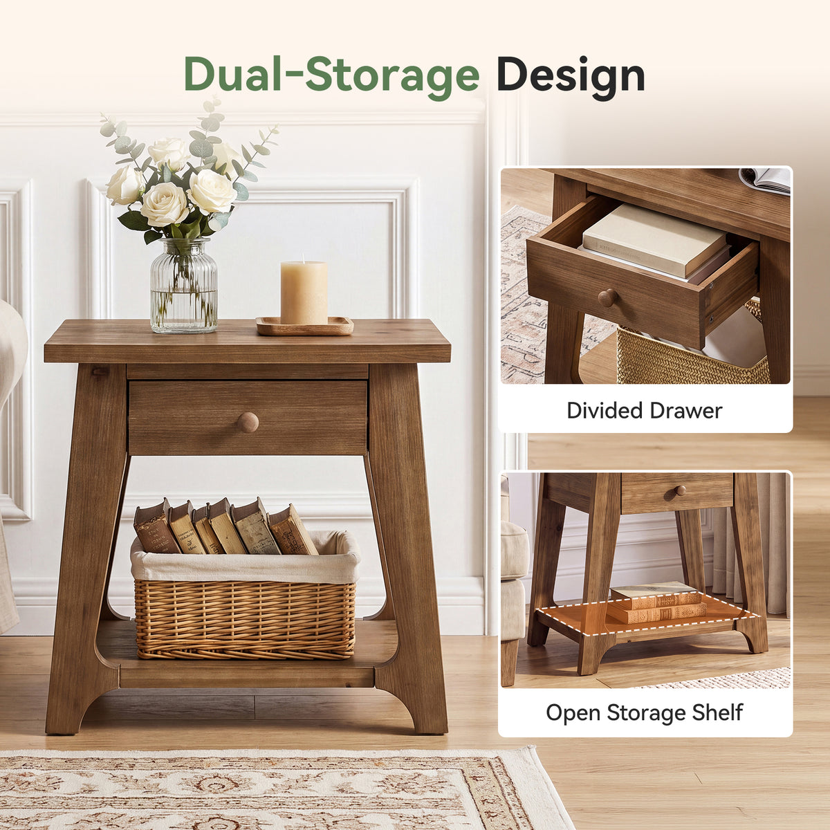 Solid Wood End Table, Narrow Side Table with Drawer & Open Shelf for Small Spaces