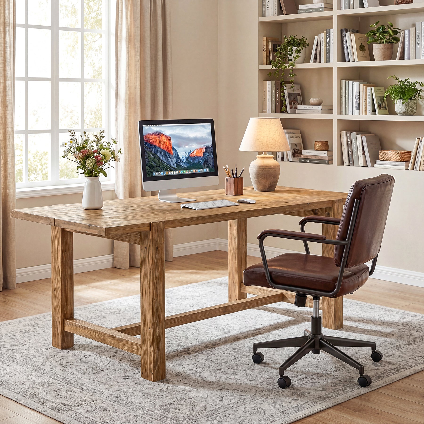63 Inch Solid Wood Computer Desk, Farmhouse Executive Office Desk for Home Office Workspace