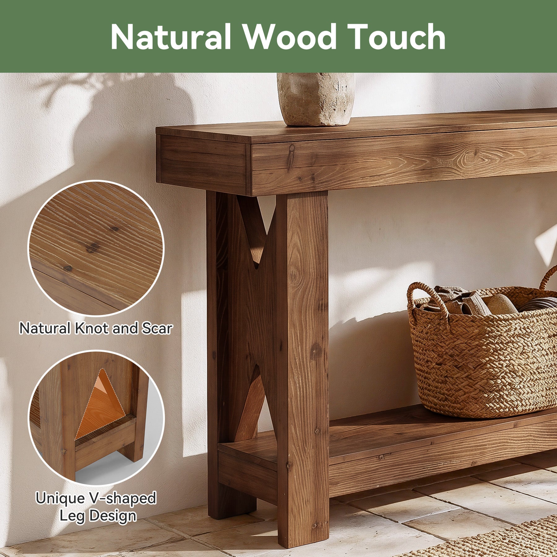 63" Solid Wood Console Table, 2-Tier Entryway Sofa Table with X-Shaped Support Frame