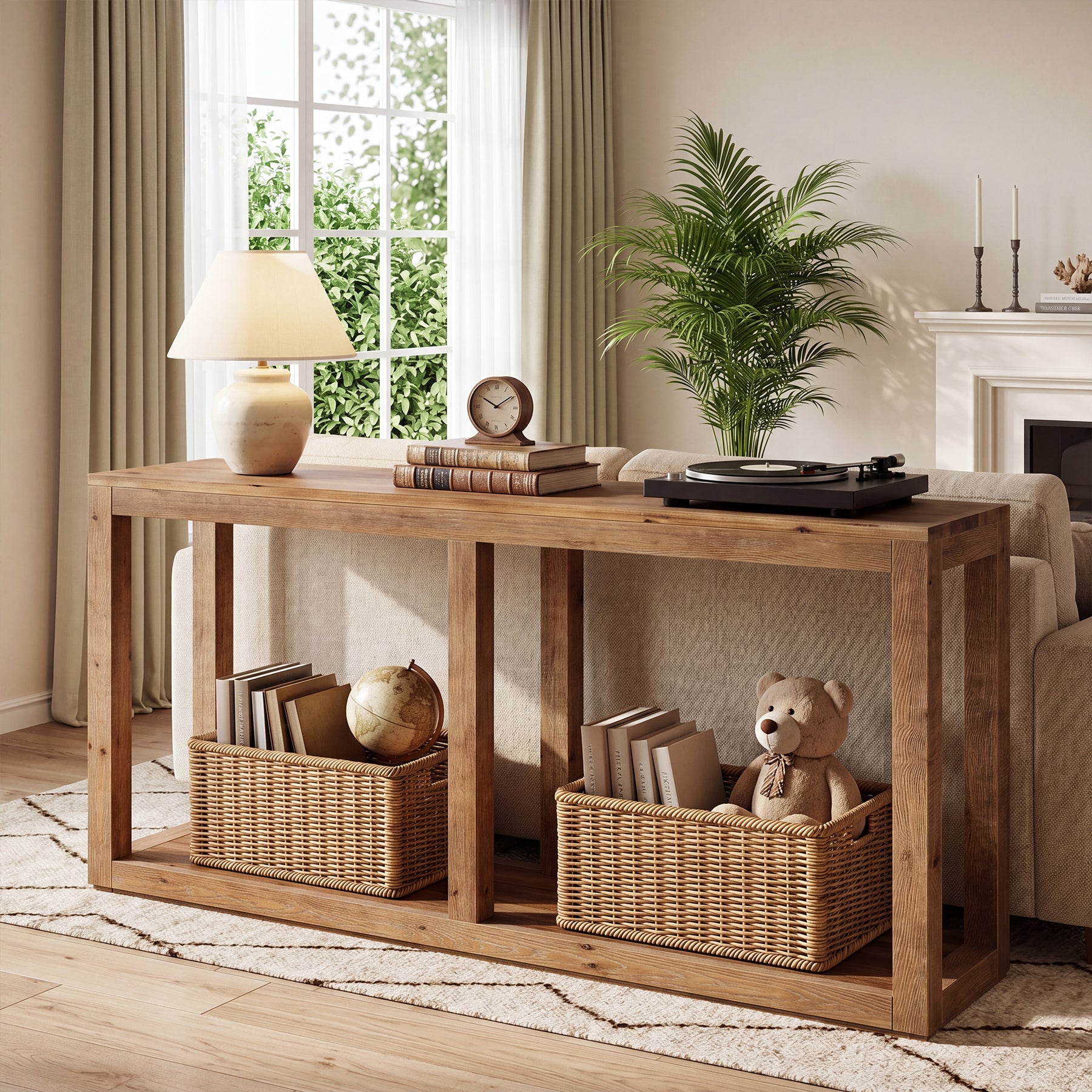70.9" Solid Wood Console Table, 2-Tier Farmhouse Entryway Sofa Table Behind Couch