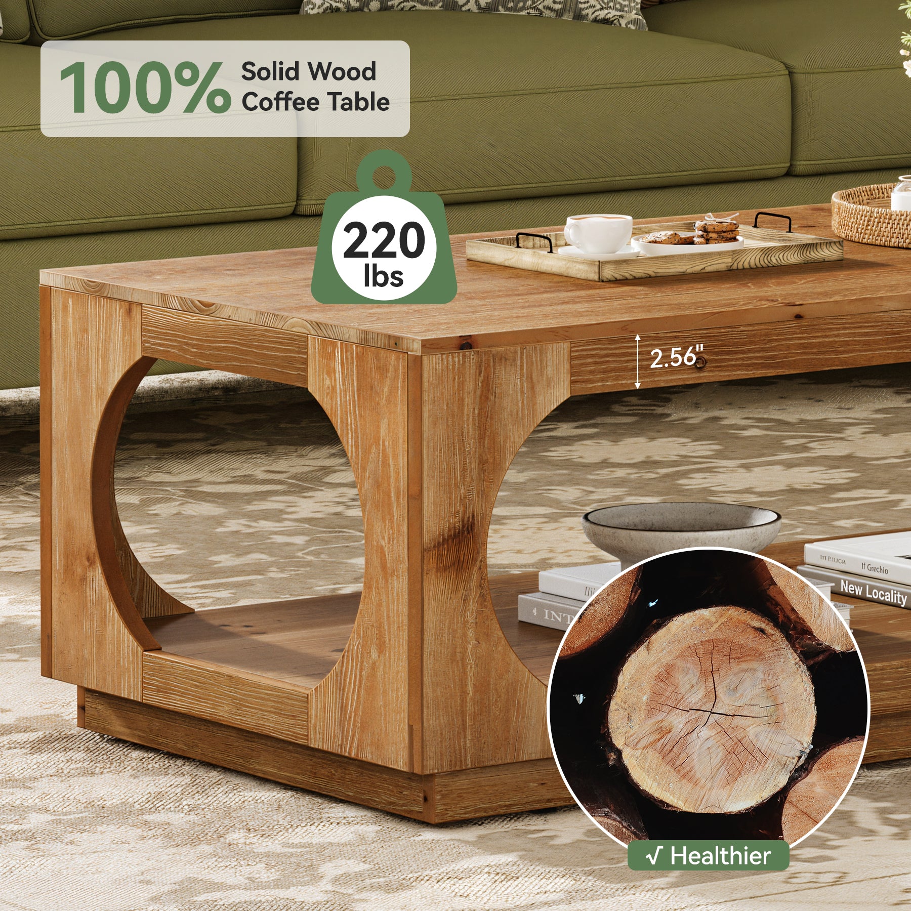 2-Tier Solid Wood Coffee Table, 47.2" Farmhouse Center Tables with Storage