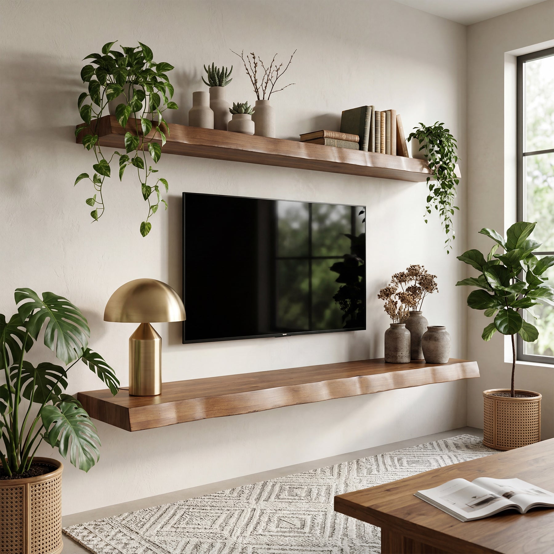 63" Solid Wood Floating Mantel Shelf with Live Edge, Rustic Fireplace Mantel & Wall Shelf for Living Room