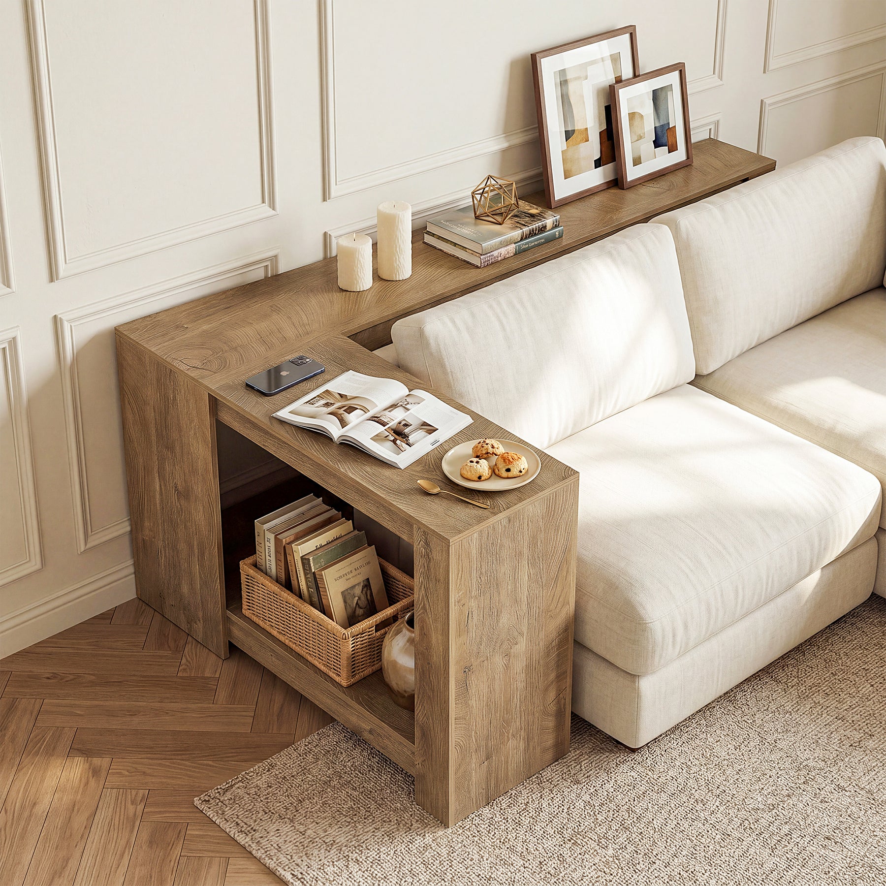 63" L-Shaped Sofa Table for Behind Couch, 2-Tier Storage Shelf for Living Room or Entryway Corner