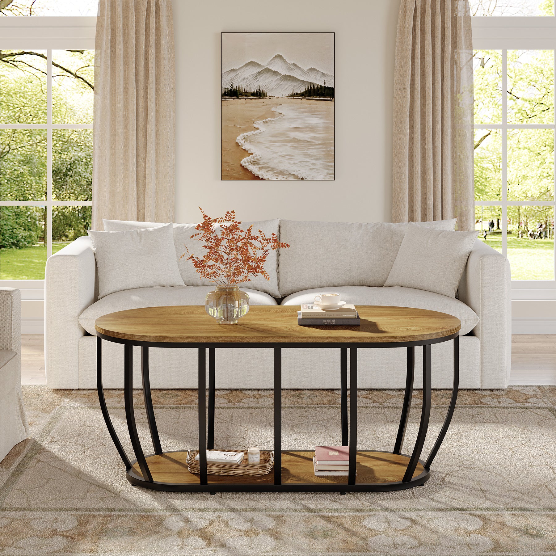 Oval Coffee Table, 47.2" Modern Center Cocktail Table with 2-Tier Storage