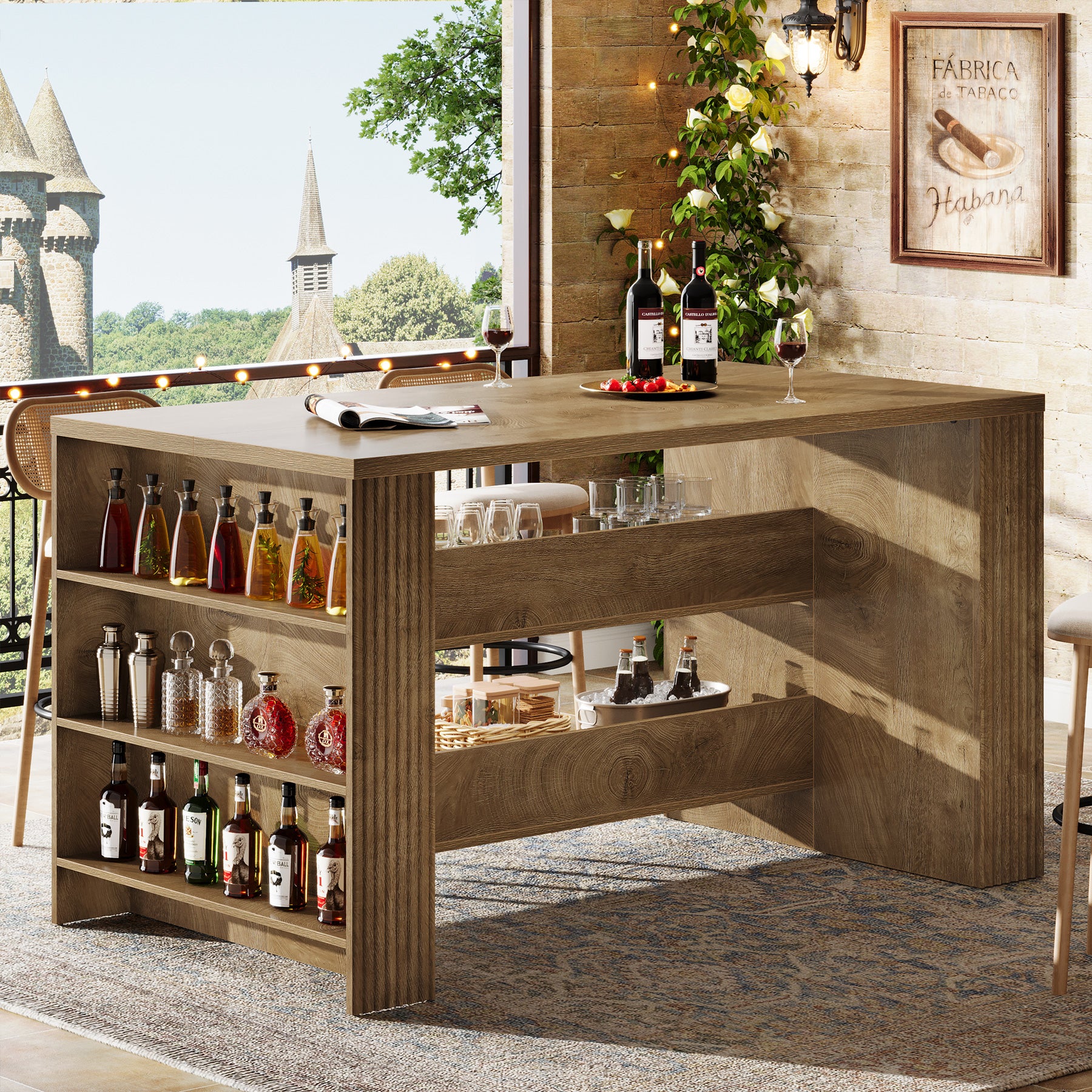 59" Rectangular Bar Table, Farmhouse Counter Height Pub Table with Storage Shelves