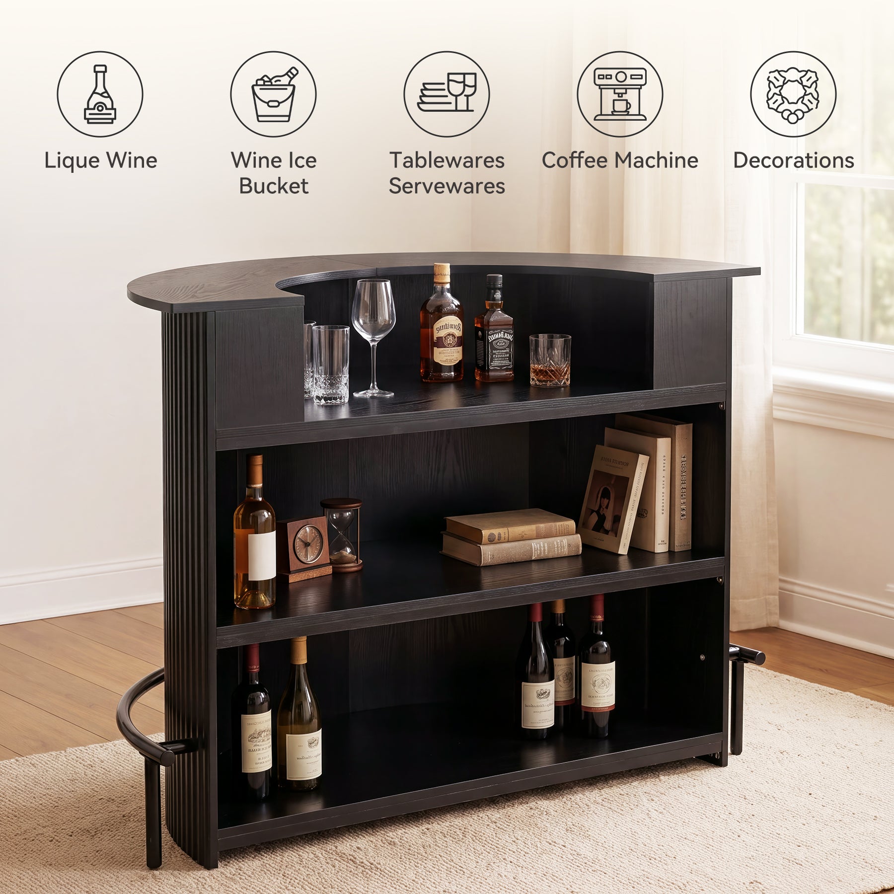 4-Tier Bar Table, Arc-Shaped Home Bar Units with Metal Footrest for Home Kitchen