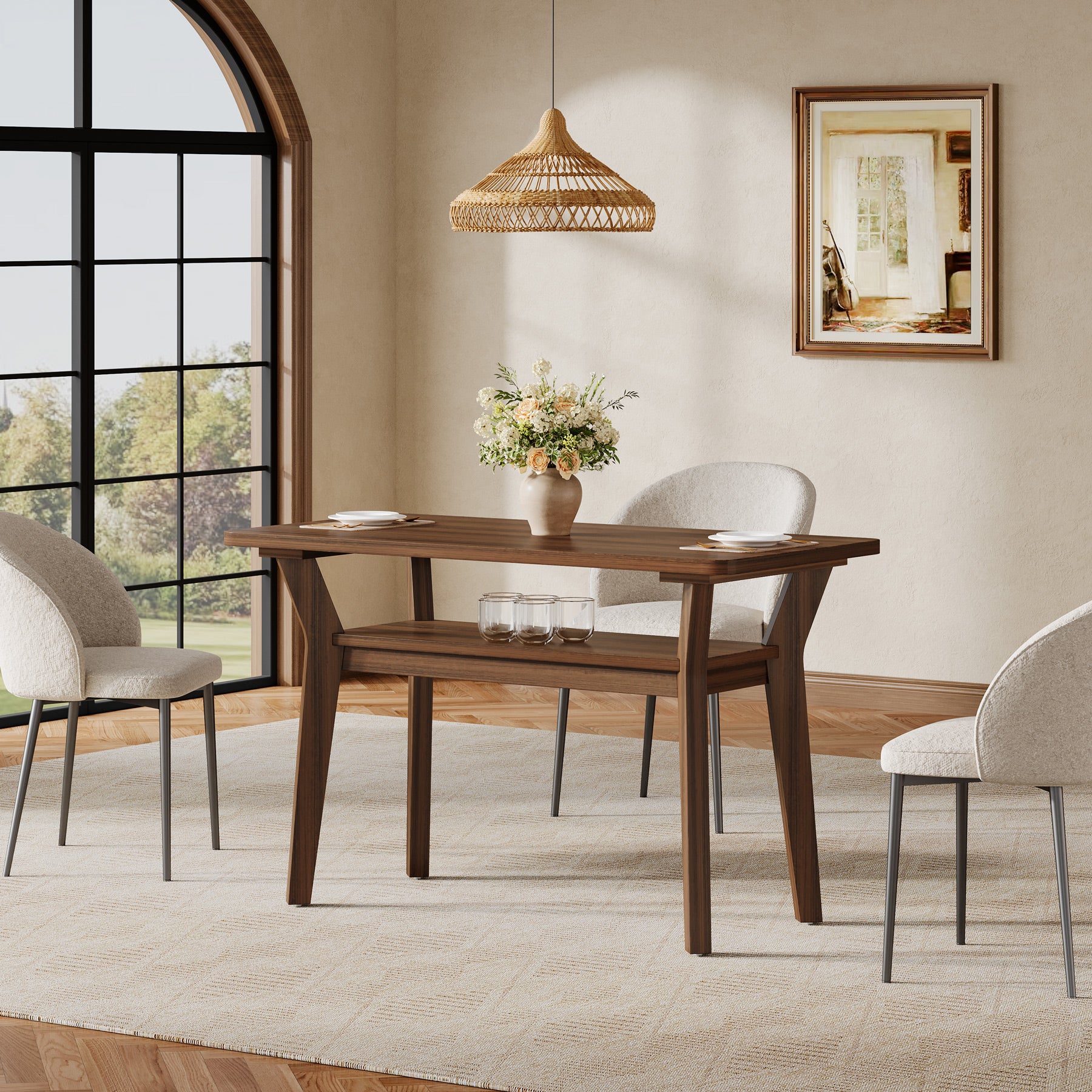 47" Dining Table, 2-Tier Rectangle Kitchen Table with Solid Wood Legs