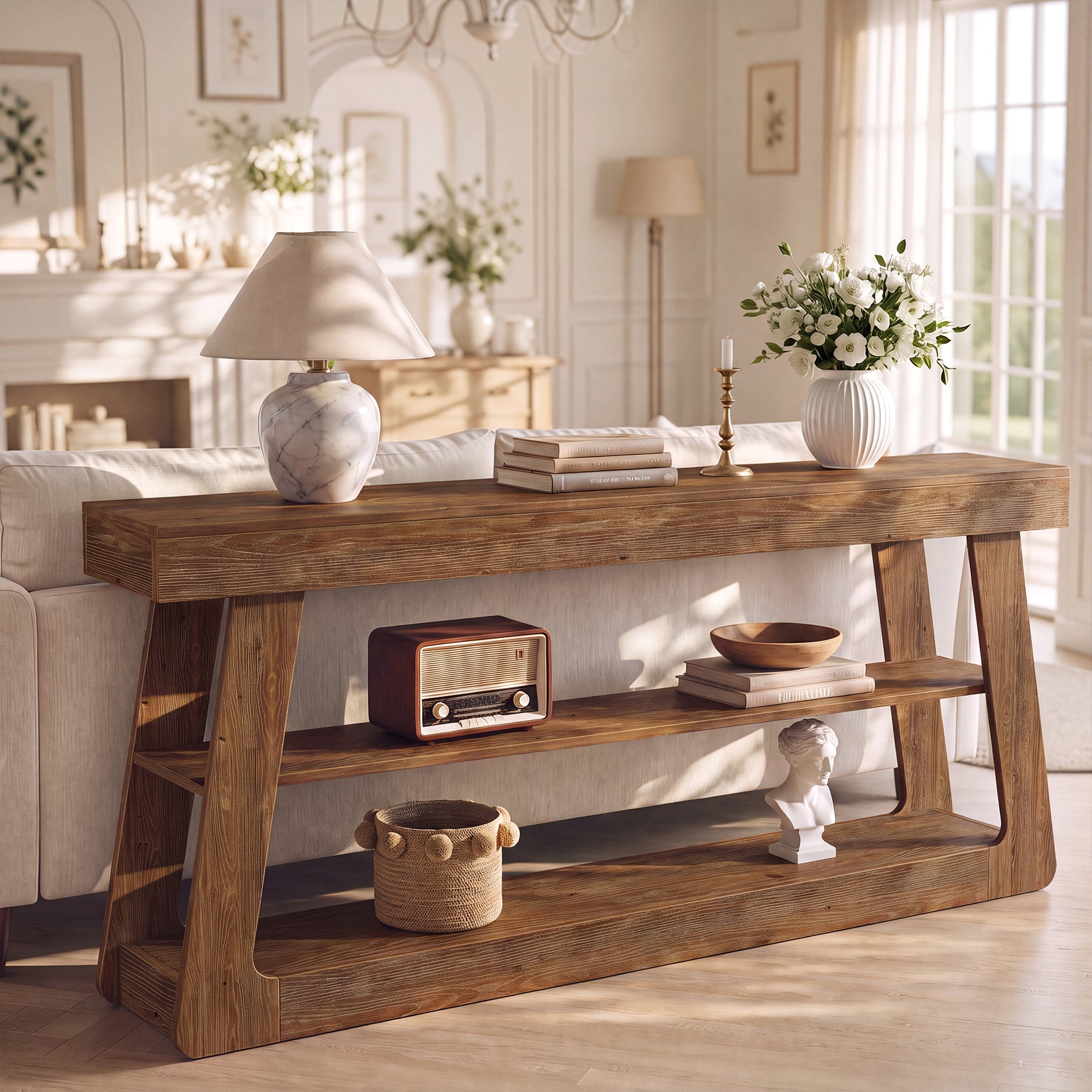 63" Solid Wood Console Table, 3-Tier Sofa Entryway Table with A-Shaped Frame for Hallway