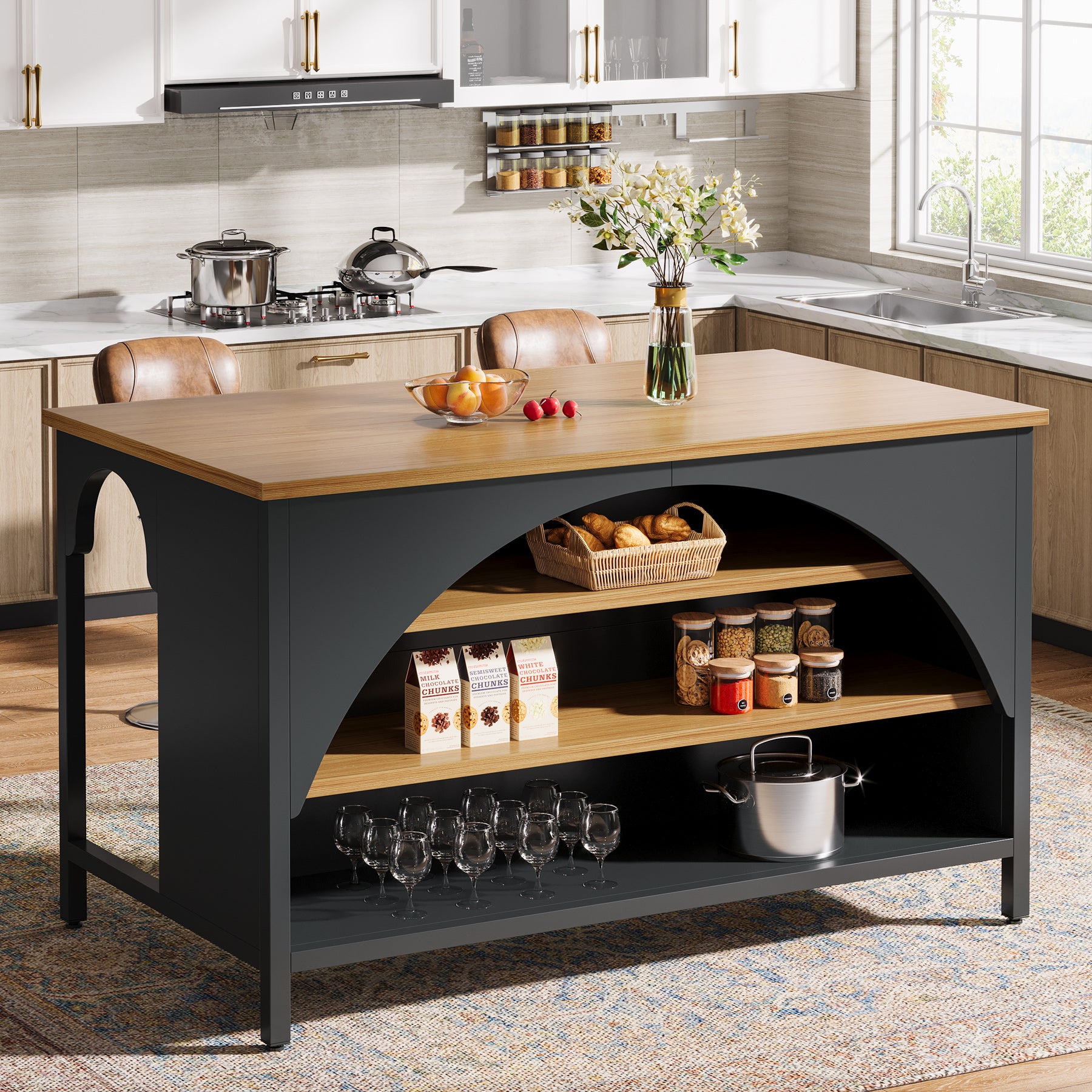 Kitchen Island with 3 Storage Shelves, 55" Kitchen Shelf with Large Countertop