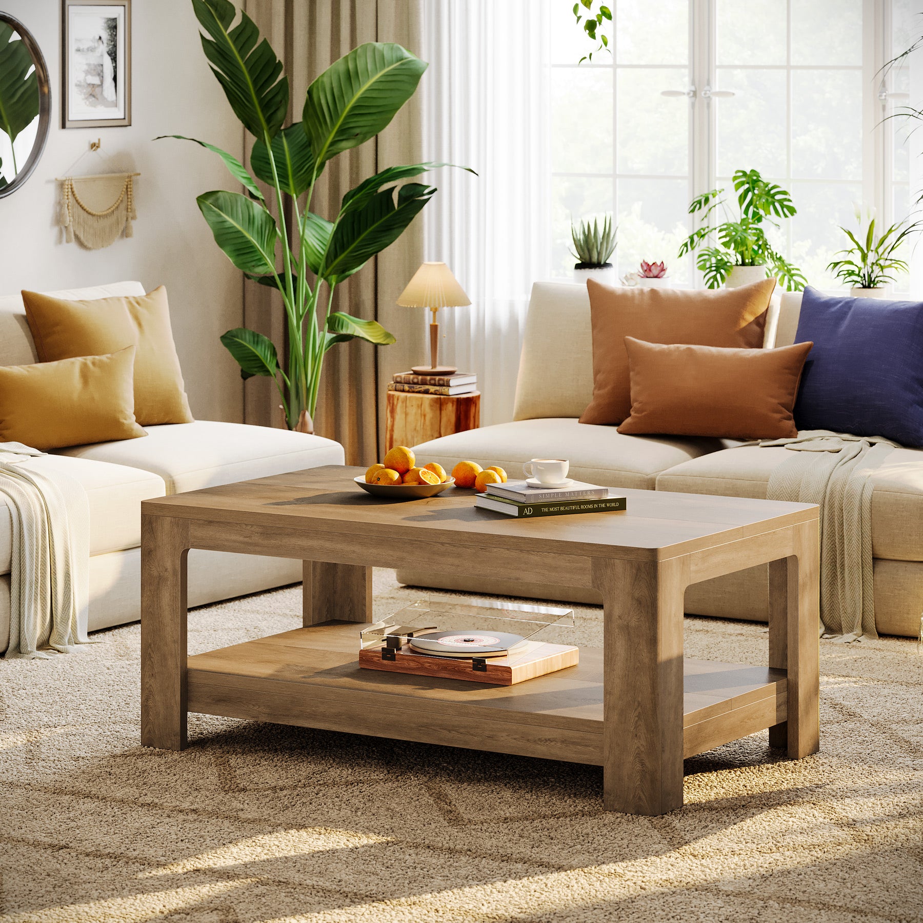 47.24" Rectangular Coffee Table with 2-Tier Storage, Wood Center Table for Living Room