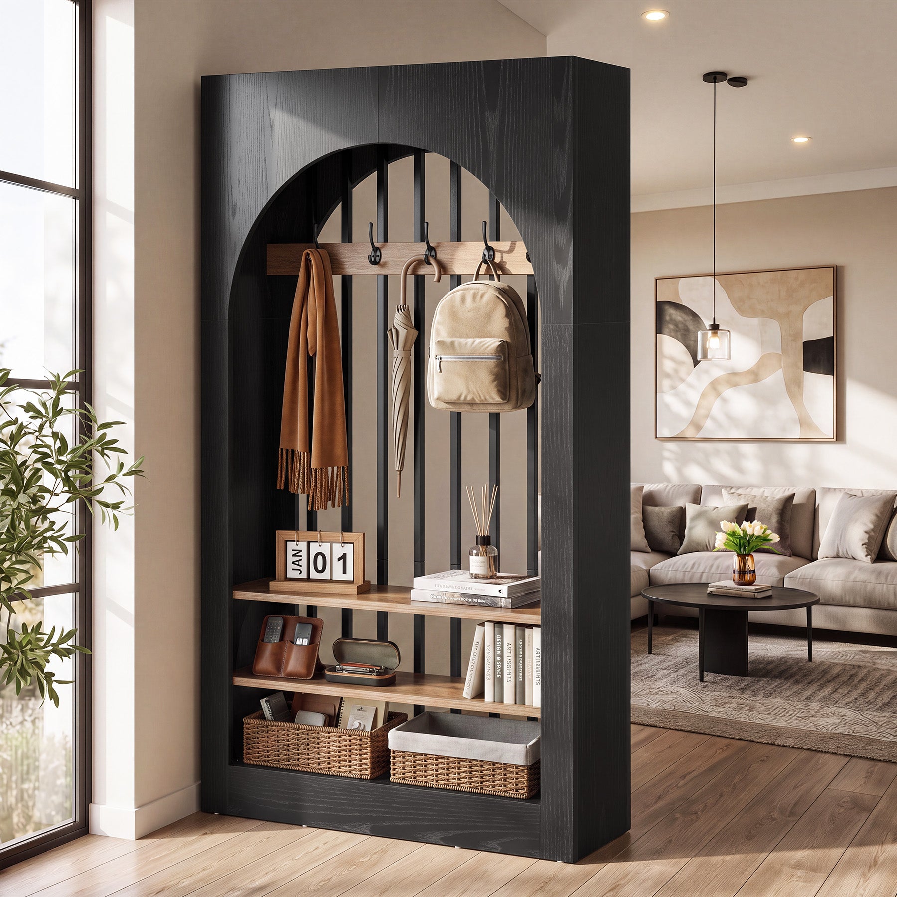 71" Arched Wall Room Divider, Modern Room Partition Privacy Screen with Hooks & Shelves