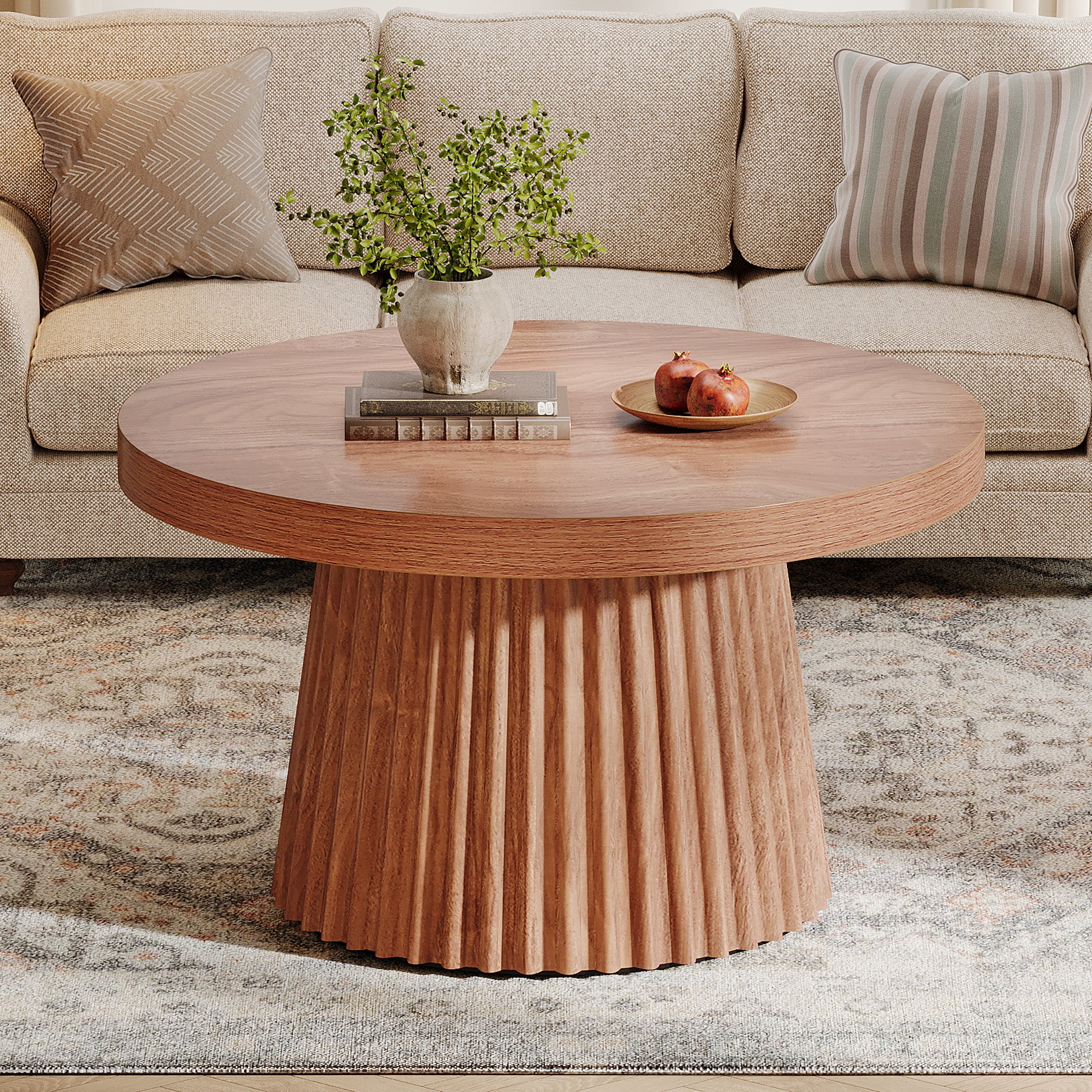 Round Coffee Table, 31.5" Circle Center Table with Fluted Drum Base