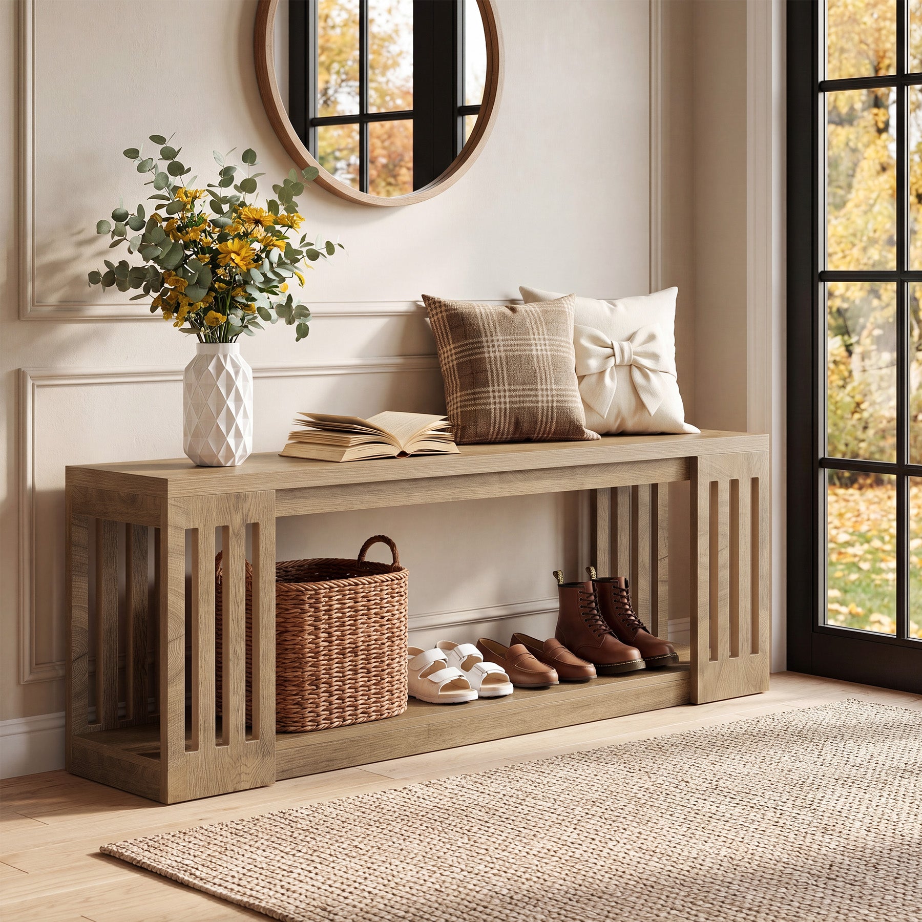 Tribesigns 63" Wooden Storage Bench, Farmhouse Entryway Bench for Hallway
