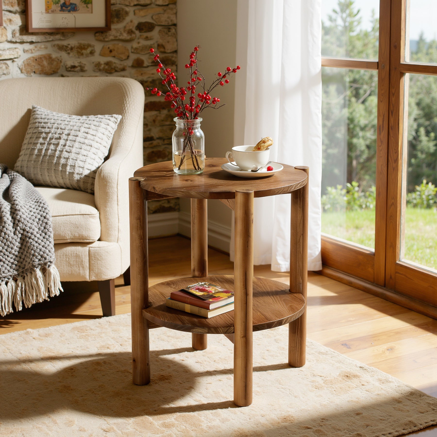 Solid Wood Round End Table, 2-Tier Small Side Table with Storage Shelf