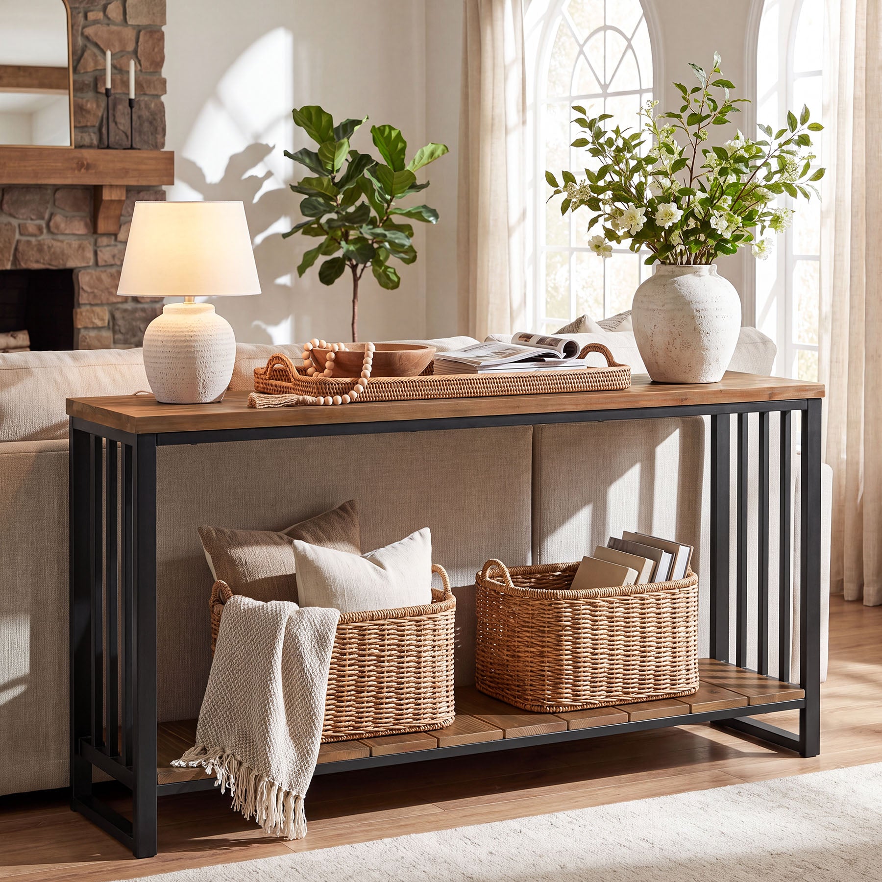 55" Solid Wood Console Table, 2-Tier Entryway Sofa Table with Metal Frame for Hallway & Living Room