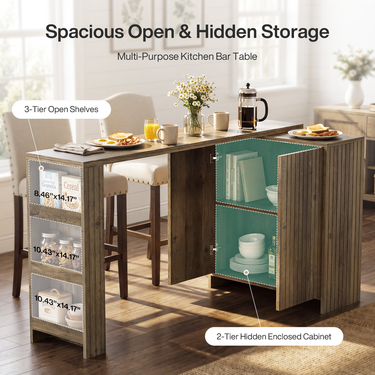 L-Shaped Bar Table, Counter Height Table with Cabinet & Open Shelves for Kitchen, Dining Room