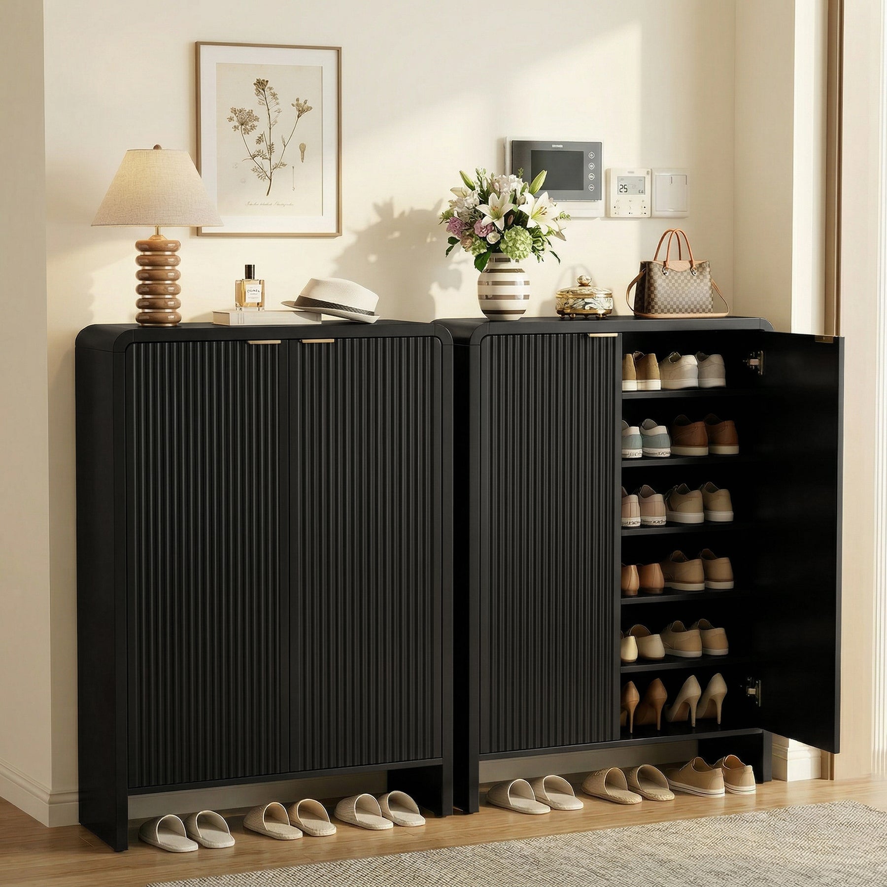 43.31-Inch Black Shoe Storage Cabinet with Doors, 6-Tier Fluted Entryway Organizer