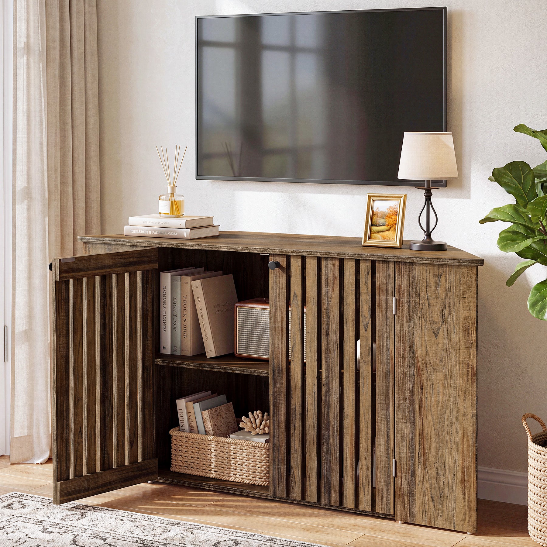53" Farmhouse TV Stand with Cabinet, Entertainment Center for TVs up to 65"