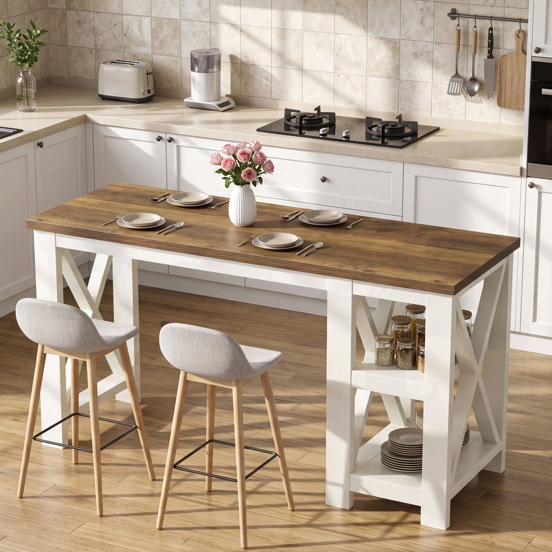 62.2" Kitchen Island, Large Counter Height Bar Table with Side Storage Shelves