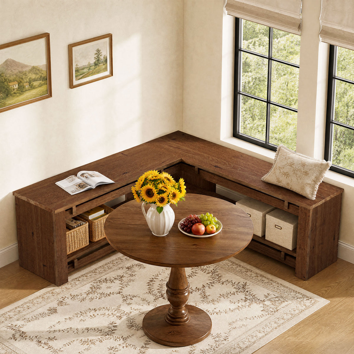 47" L-Shaped Corner Dining Bench, Rustic Solid Wood Breakfast Nook Bench with Shelf