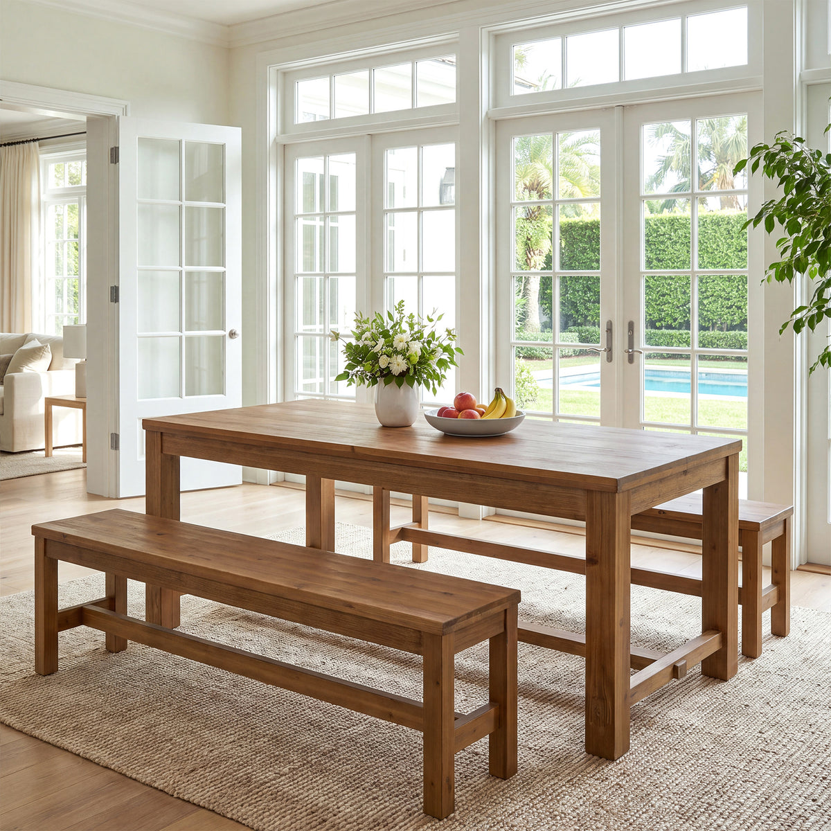 55" Solid Wood Dining Table Set with 2 Benches, 3-Piece Kitchen Table Set for 4-6