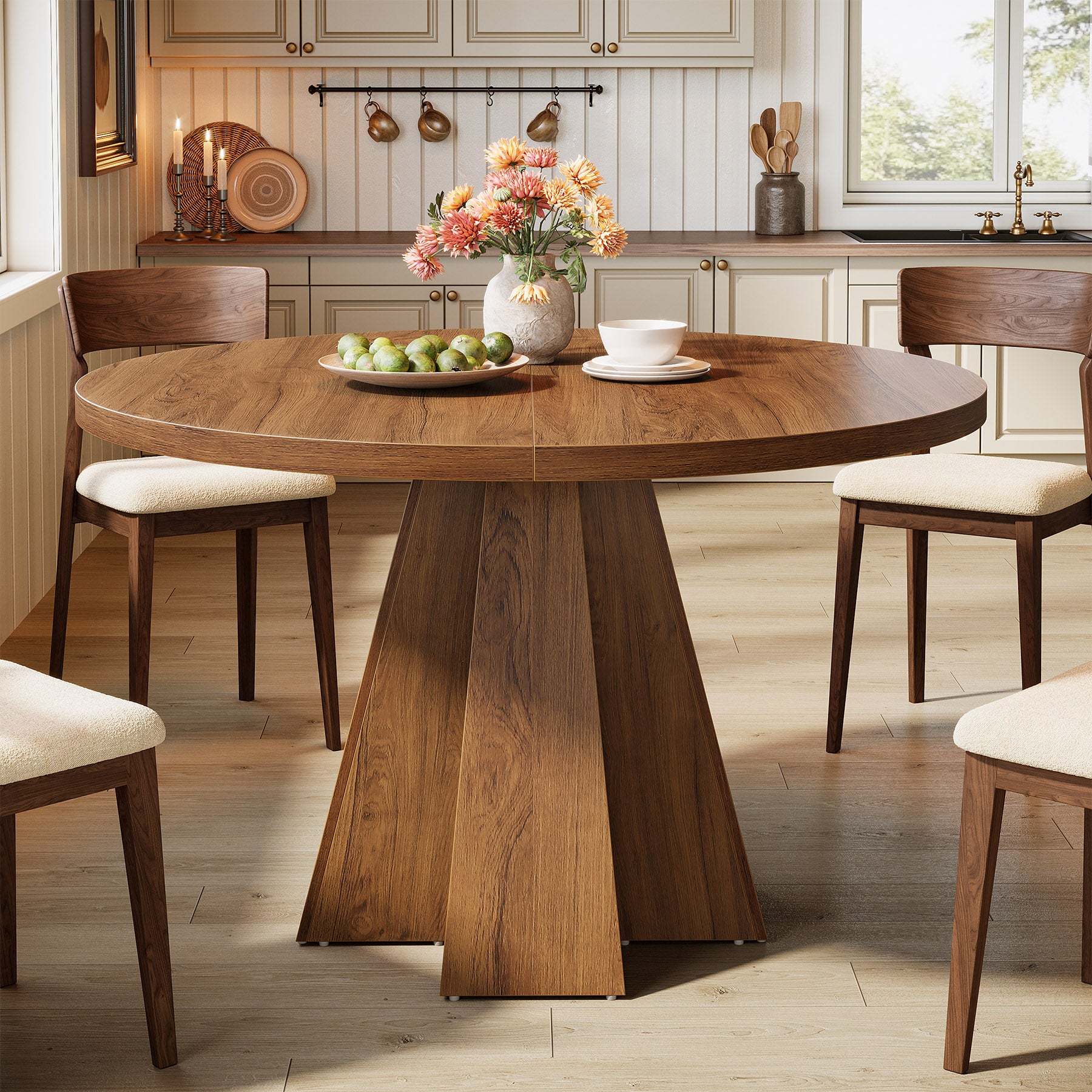 Round Dining Table for 4, Circle Kitchen Table with Pedestal Base
