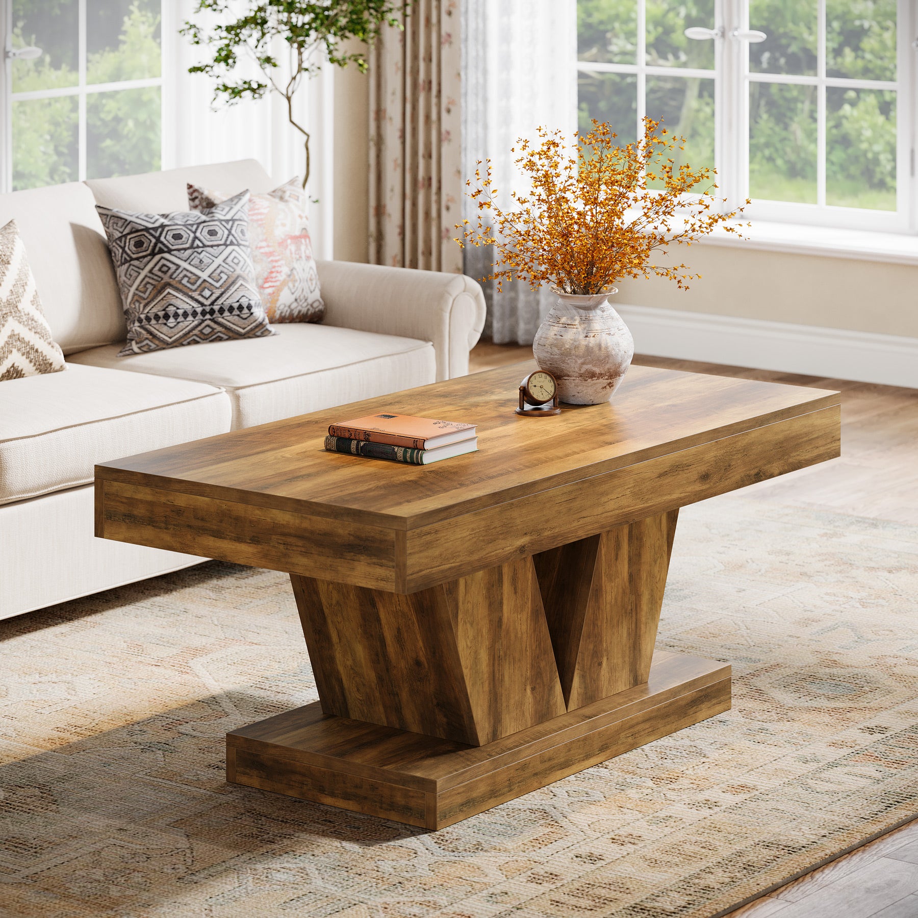 47.2" Farmhouse Rectangular Coffee Table, Mid-Century Wooden Center Table with Sculptural Base