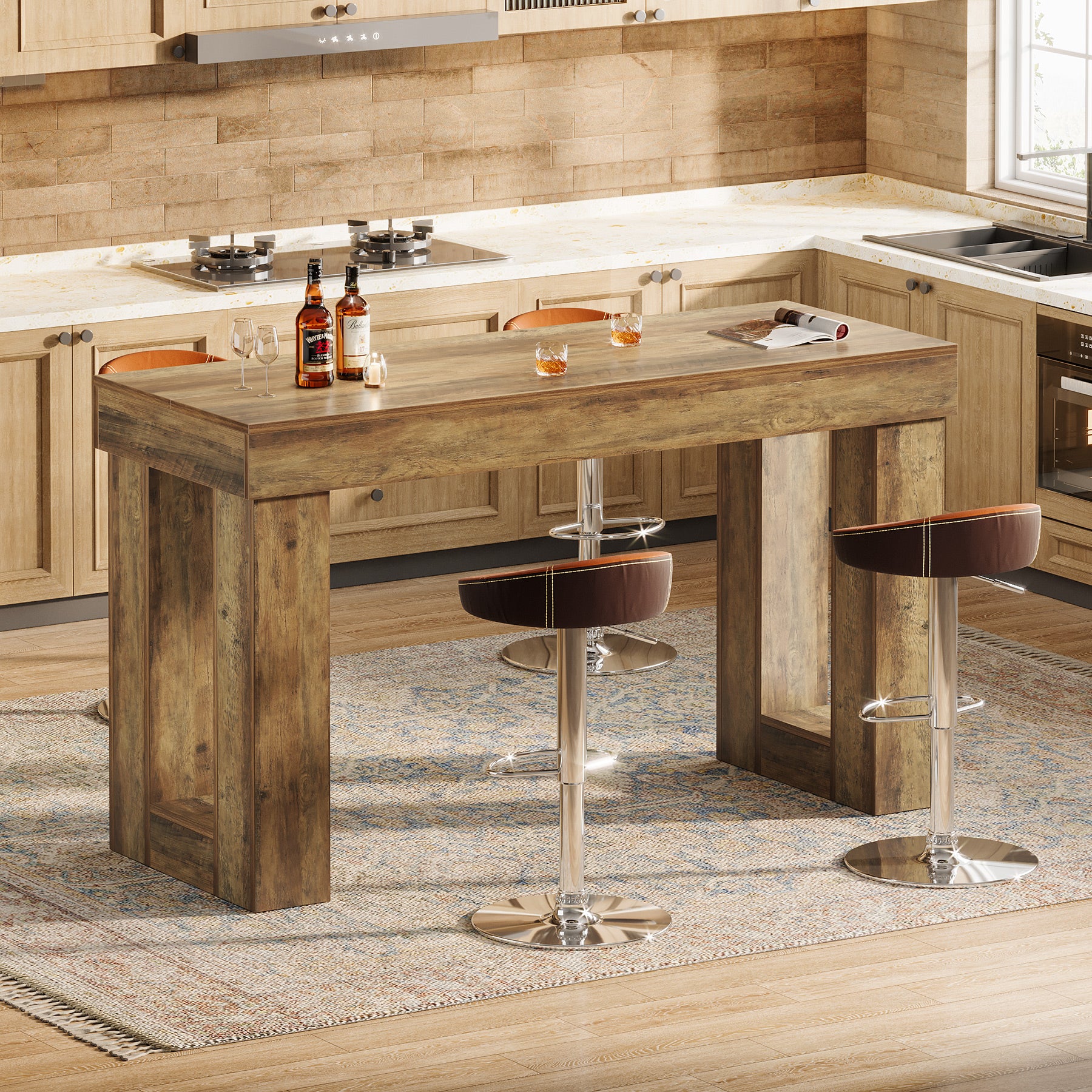 63" Bar Table, Counter Height Pub Table with Sturdy Rectangular Base