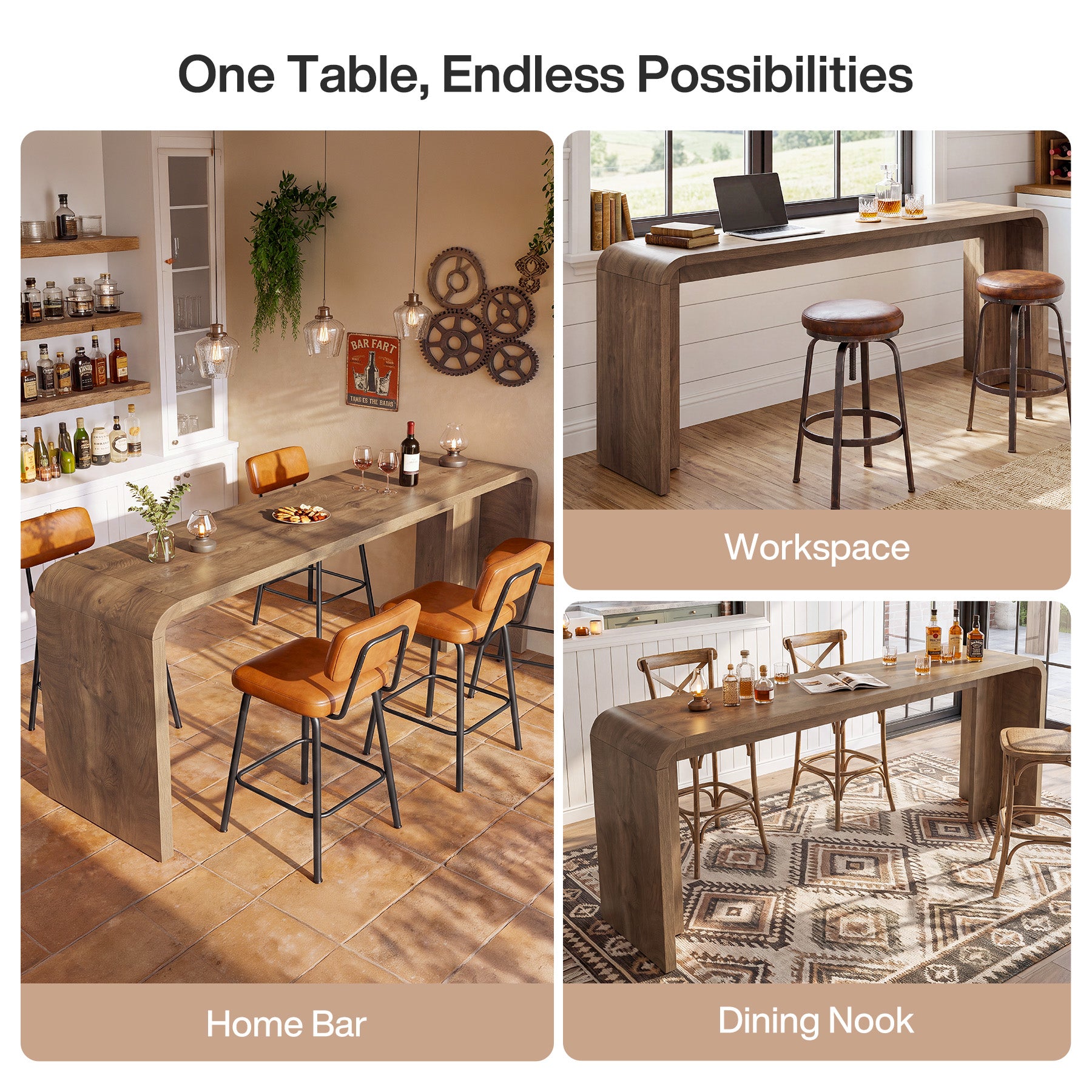 70.9" Long Bar Table, Narrow Counter Height Pub Table with Curved U-Shaped Base