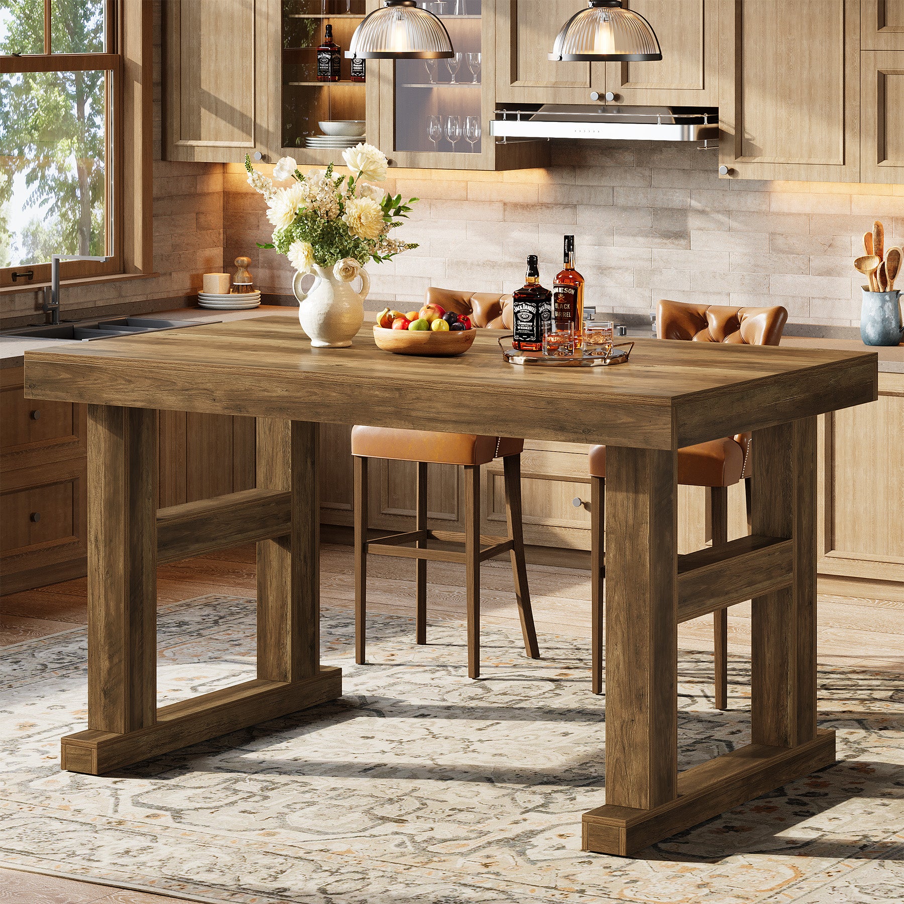 63" Farmhouse Bar Table, Counter Height Pub Table for 4-6 People with Sturdy H-Frame Legs
