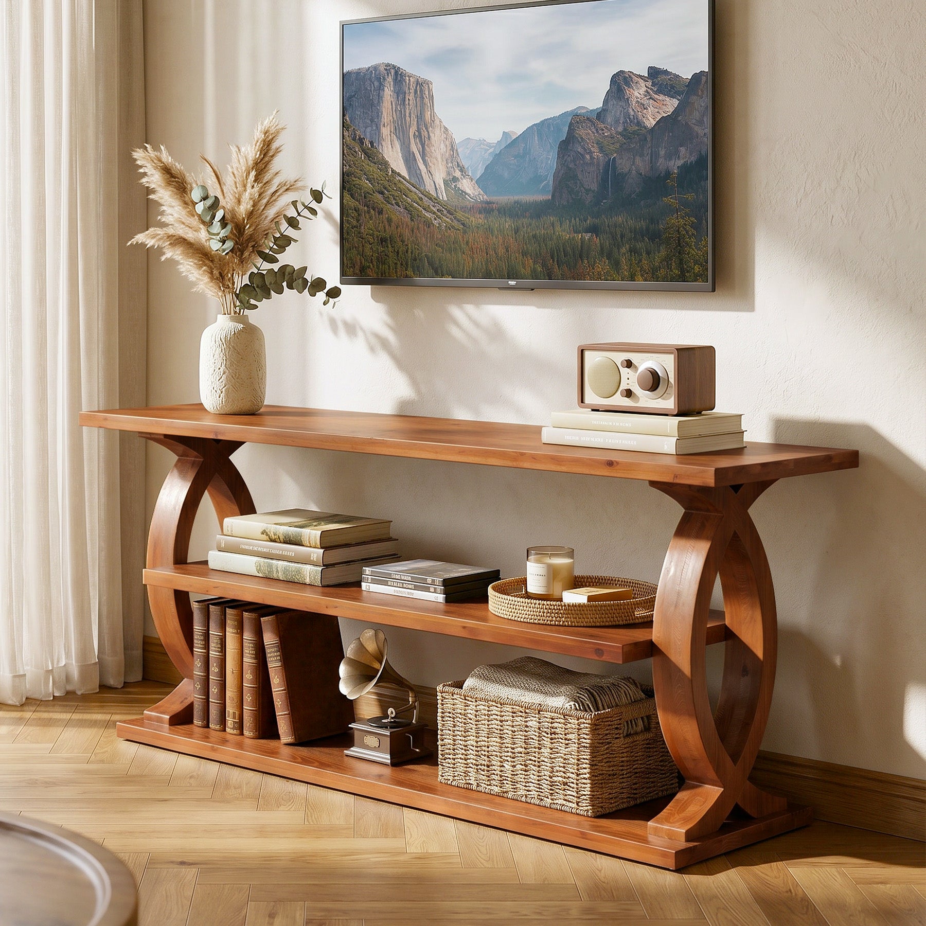 63" Solid Wood TV Stand for 75" TVs, 3-Tier TV Console with Open Storage Shelves
