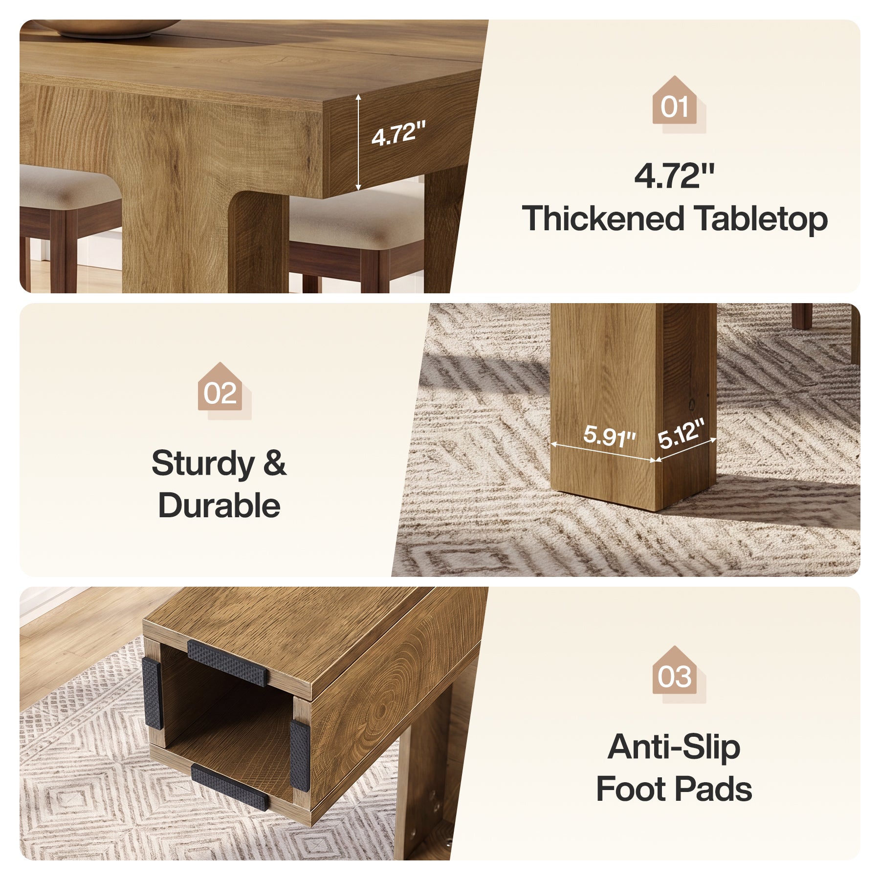 63" Dining Table for 4-6 People, Rectangular Kitchen Table with Smooth Curved Edge