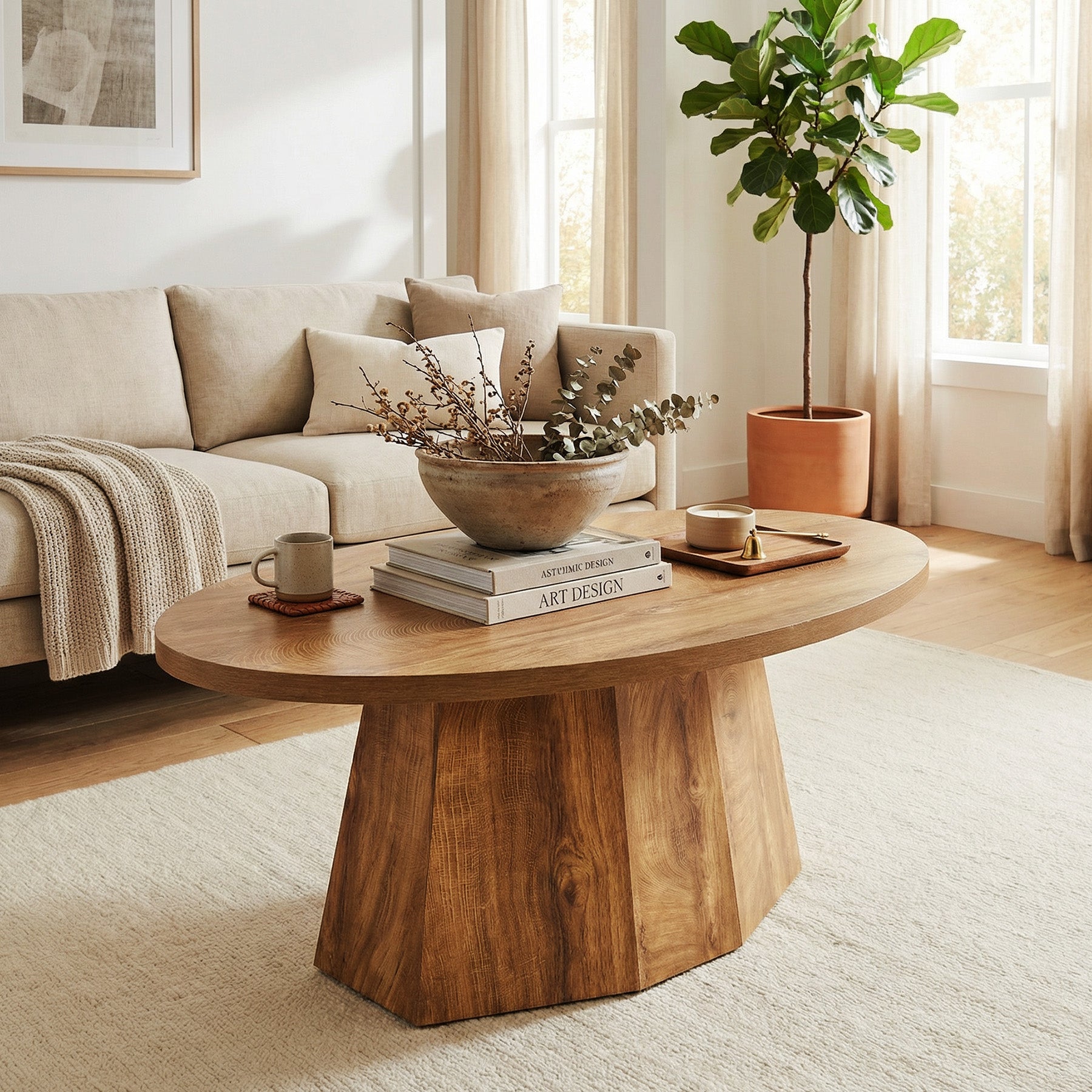 Oval Coffee Table, 47" Center Accent Table with Polygonal Pedestal for Living Room