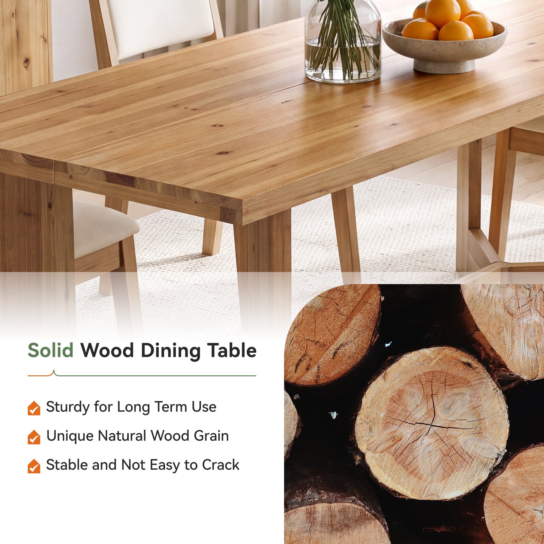63"  Solid Wood Dining Table for 6 People, Rectangle Kitchen Dinner Table for Dining Room