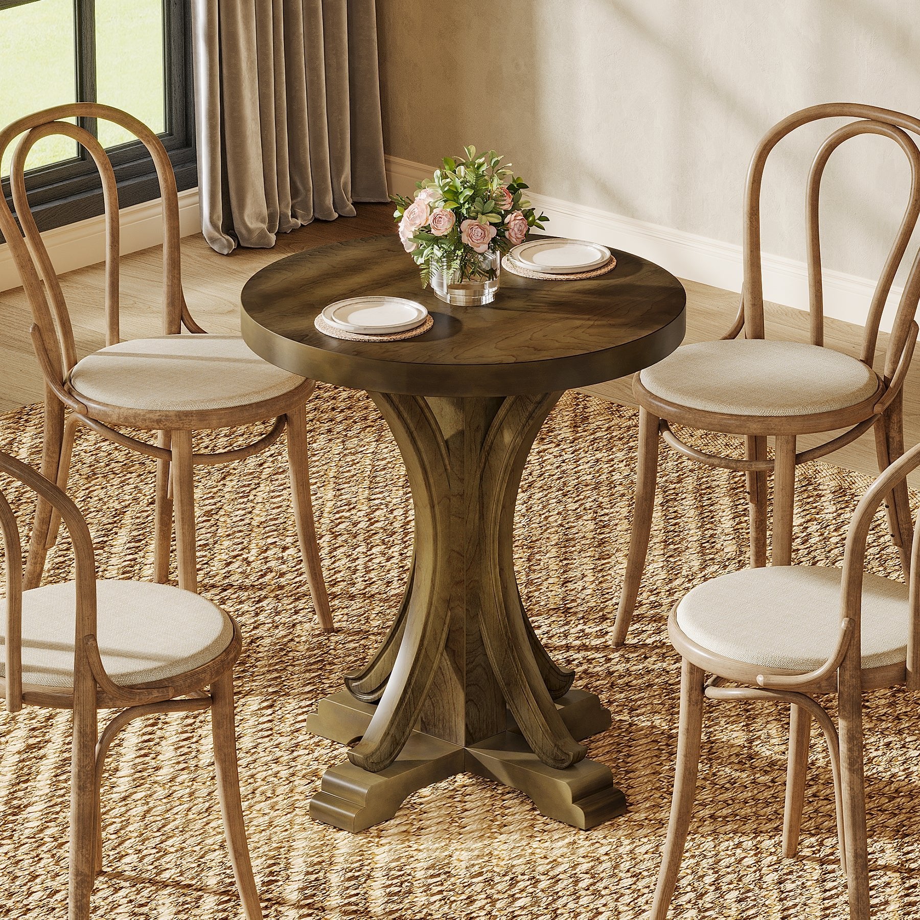 Round Dining Table for 2, 24" Bistro Kitchen Table with Solid Fir Legs
