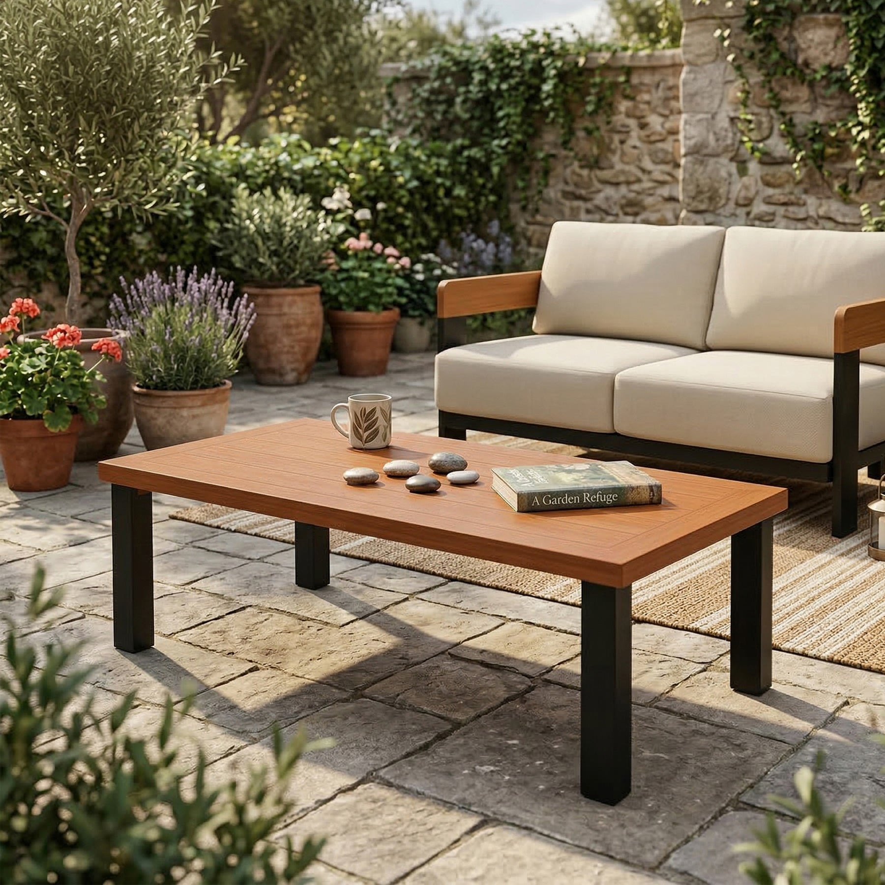 Rectangular Outdoor Coffee Table, 47" Patio Tea Table with Aluminum Frame