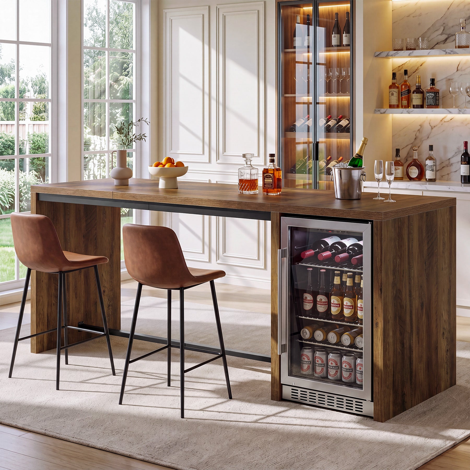 78.74" Bar Table, Large Counter Height Dining Table with Mini Fridge Space & 2 Shelves
