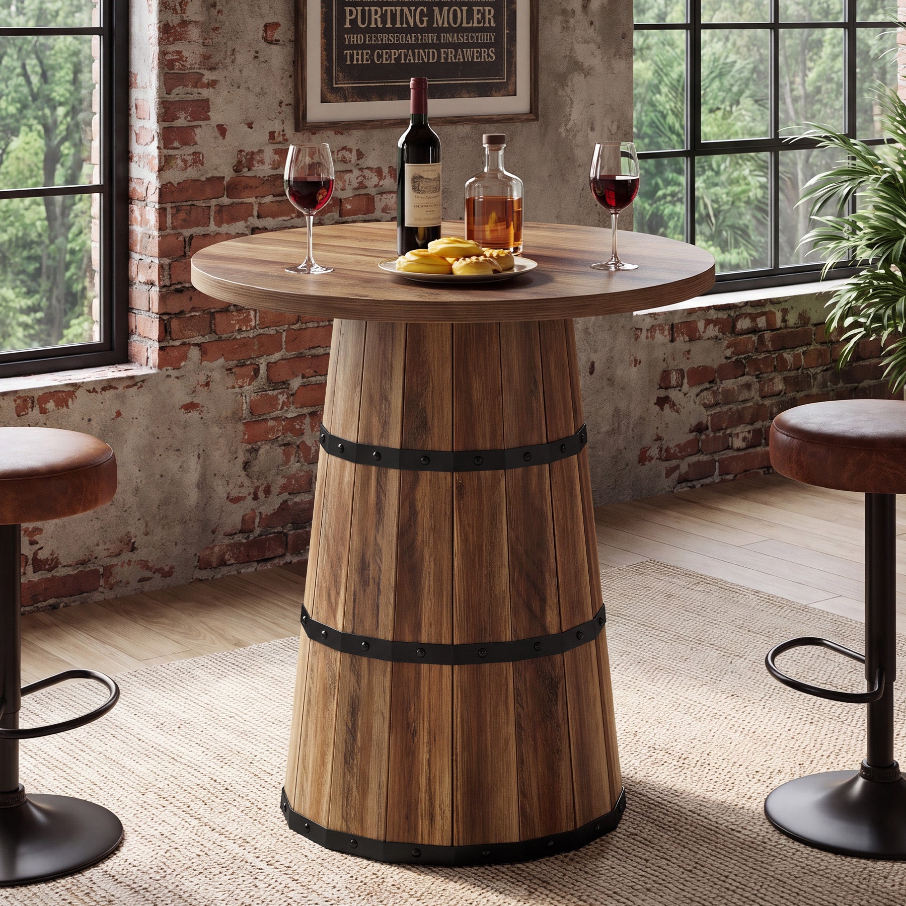 31.5" Round Bar Table, Farmhouse Pub Height Table with Barrel Base for Home Bar, Kitchen