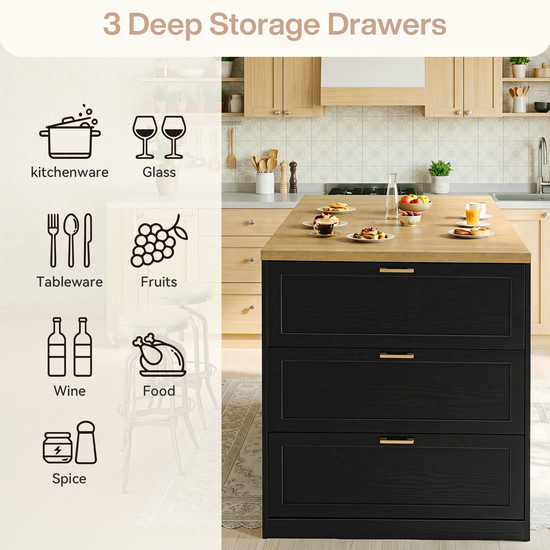 78.7" Extra Long Kitchen Island with 3 Drawers, Modern Prep Table, Large Leg Room