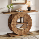 41" Solid Wood Farmhouse Console Table with 3-Tier Shelves, Narrow Sofa Table with Carved Circular Base 3