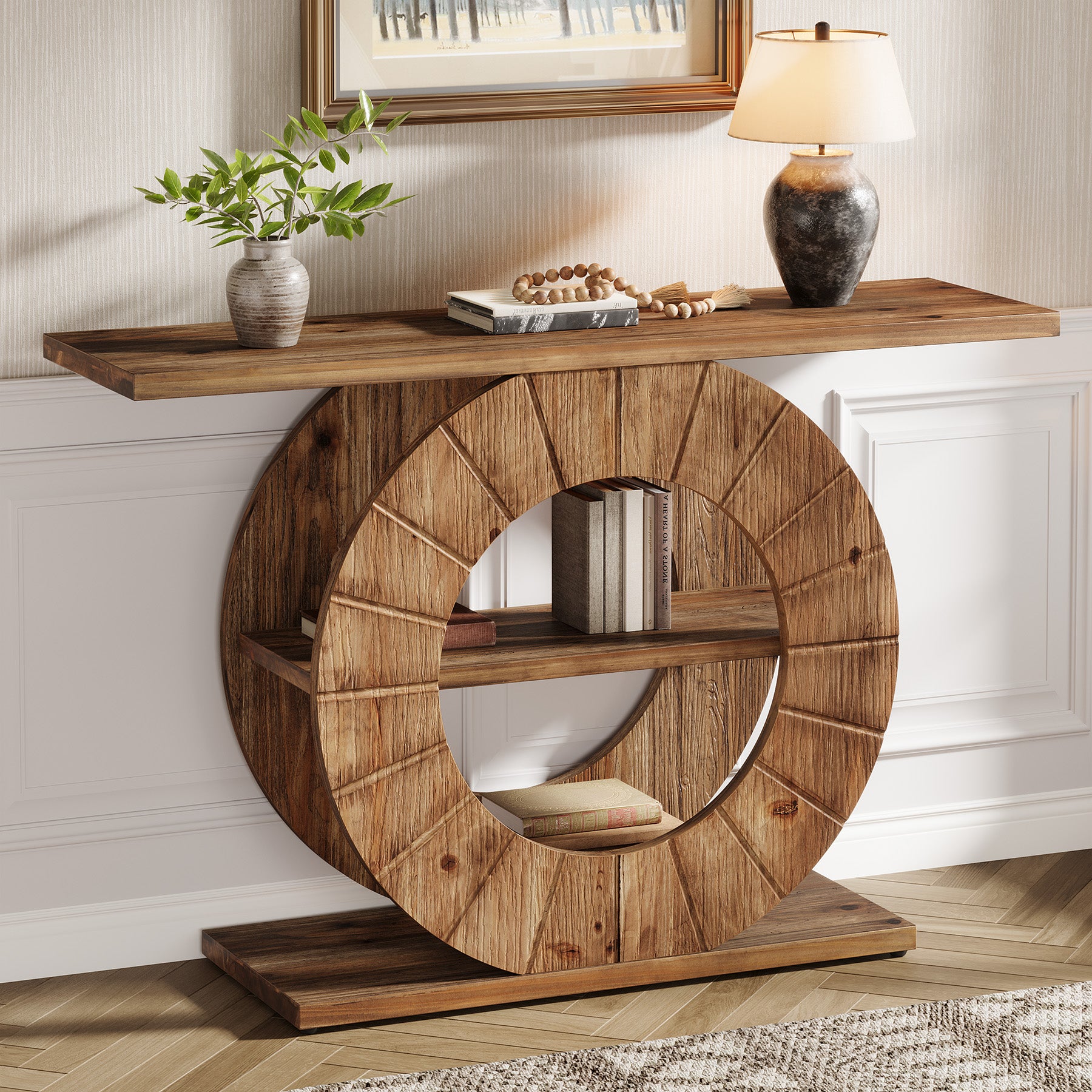 41" Solid Wood Farmhouse Console Table with 3-Tier Shelves, Narrow Sofa Table with Carved Circular Base
