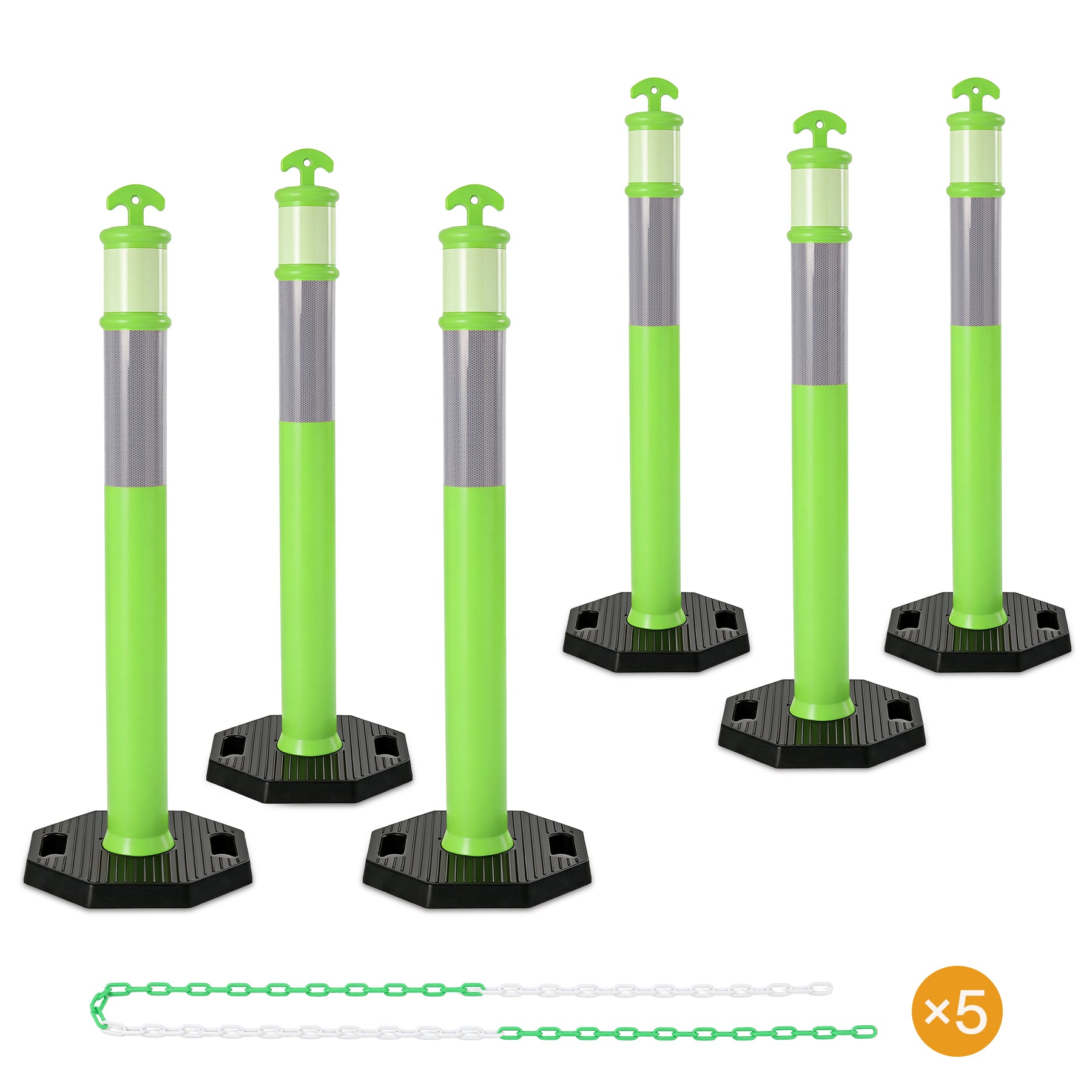 45" Reflective & Glow-in-the-Dark Traffic Delineator Posts with Heavy Rubber Base & Connecting Chains