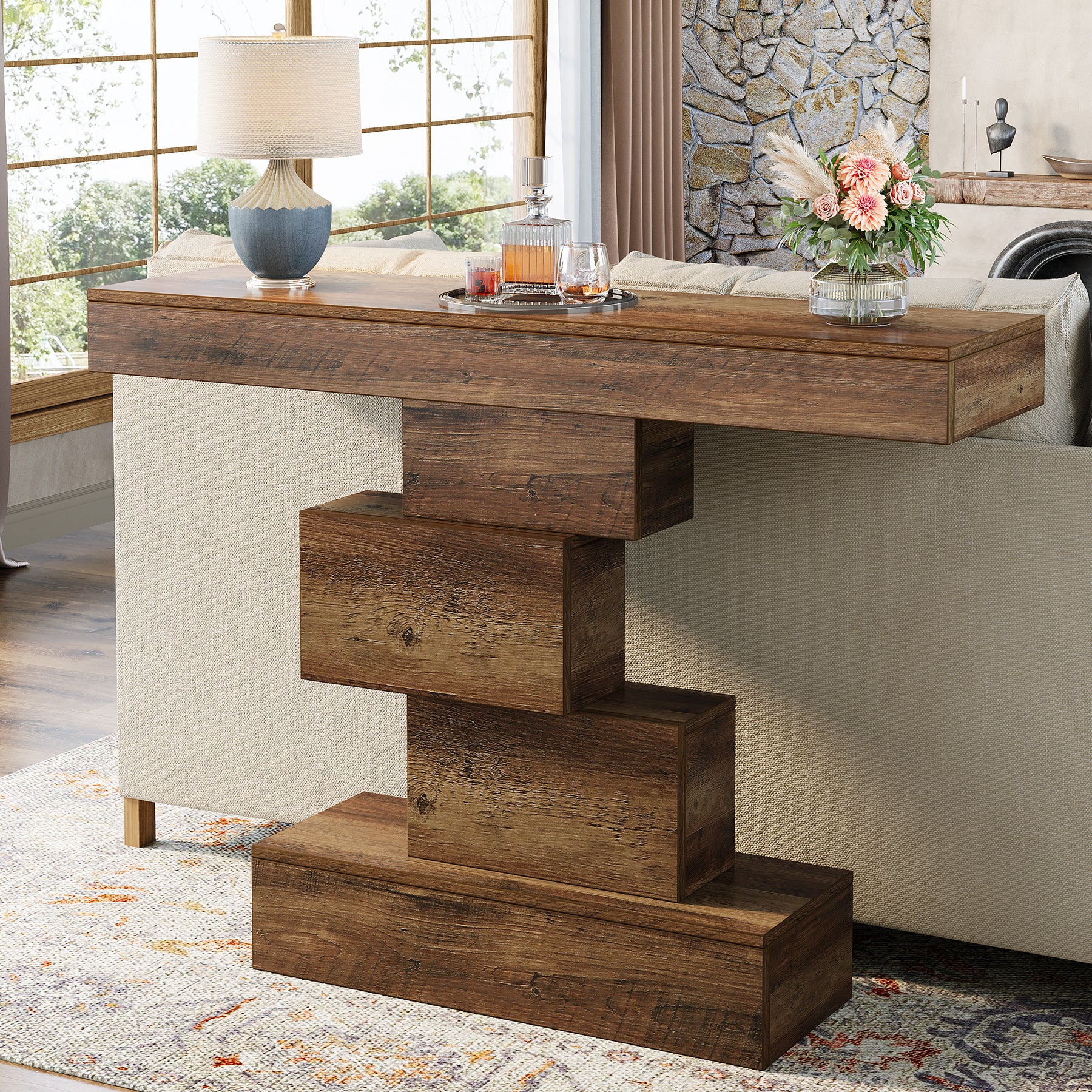 42.5" Rustic Brown Farmhouse Console, Industrial Geometric Sofa Table for Hallway Entrance