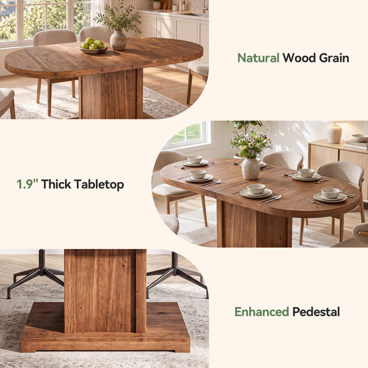 63" Oval Farmhouse Solid Wood Dining Table for 4-6, Sturdy 400 lb Kitchen Table