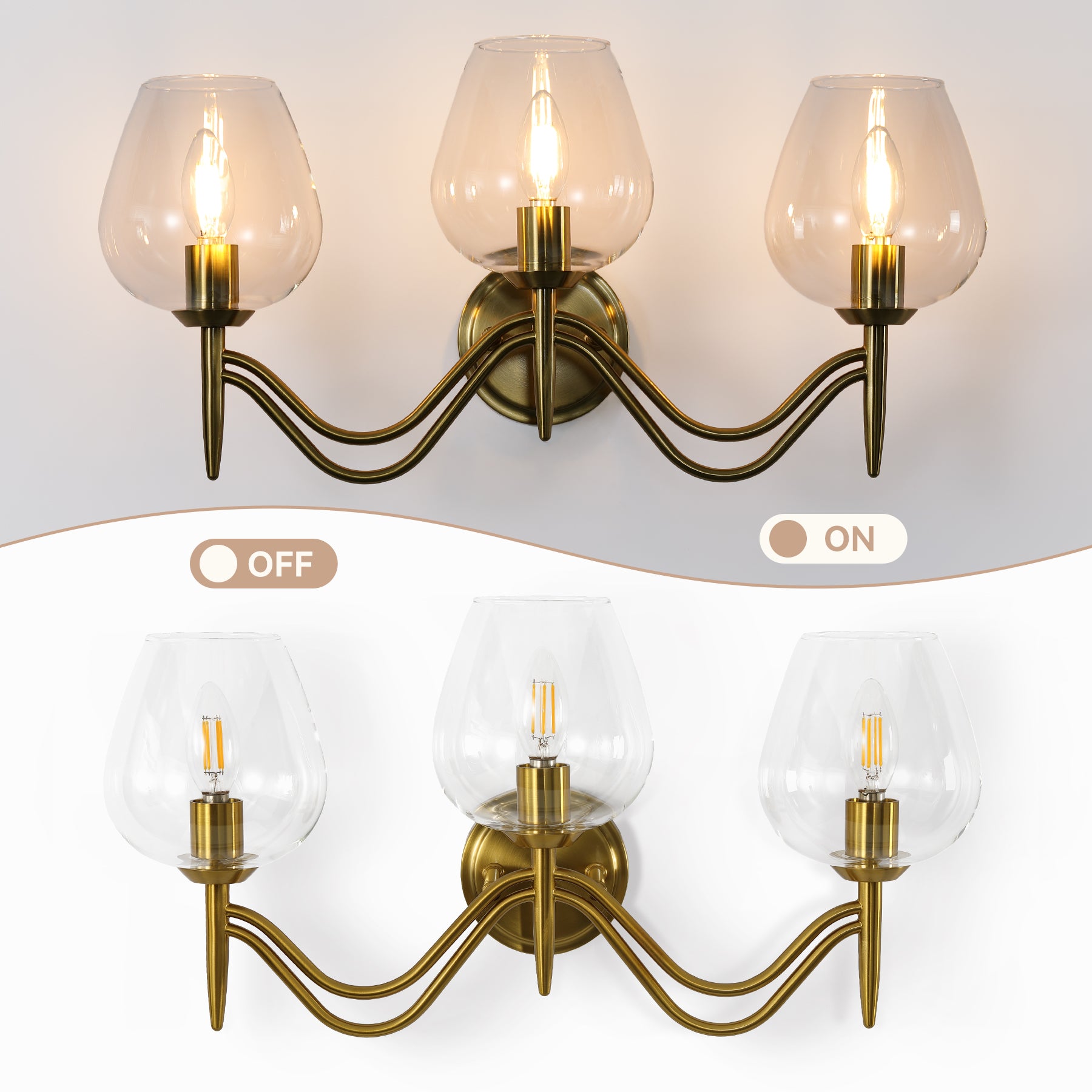 3-light Bathroom Vanity Light, Gold Metal & Clear Glass Wall Sconce With E12 Base
