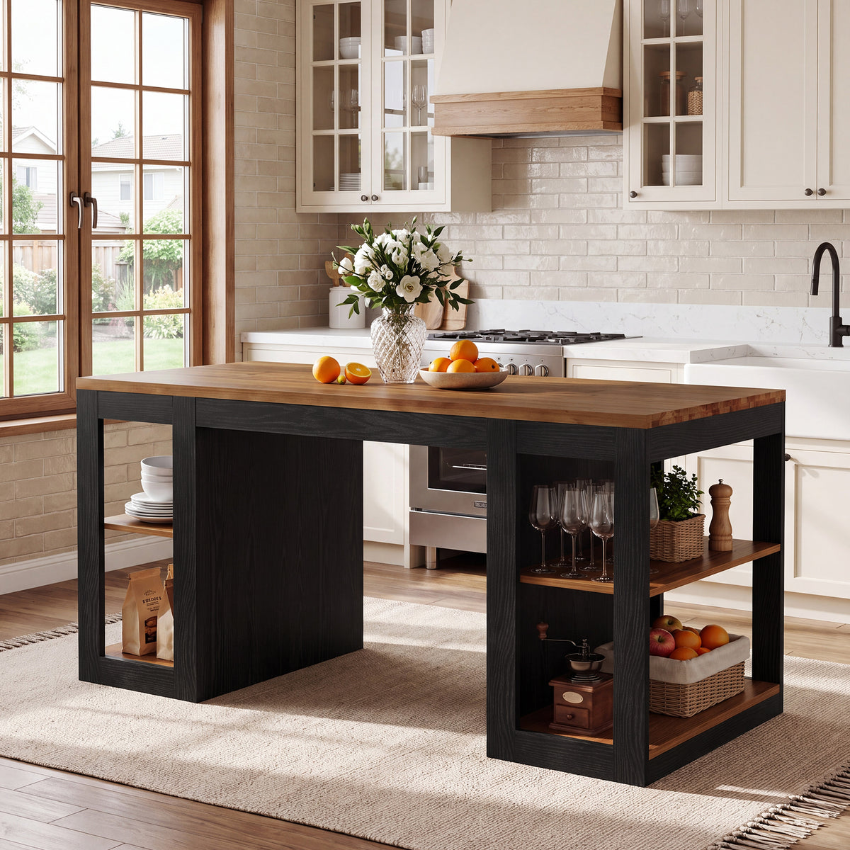 63" Farmhouse Solid Wood Kitchen Island, 2-Tier Side Storage