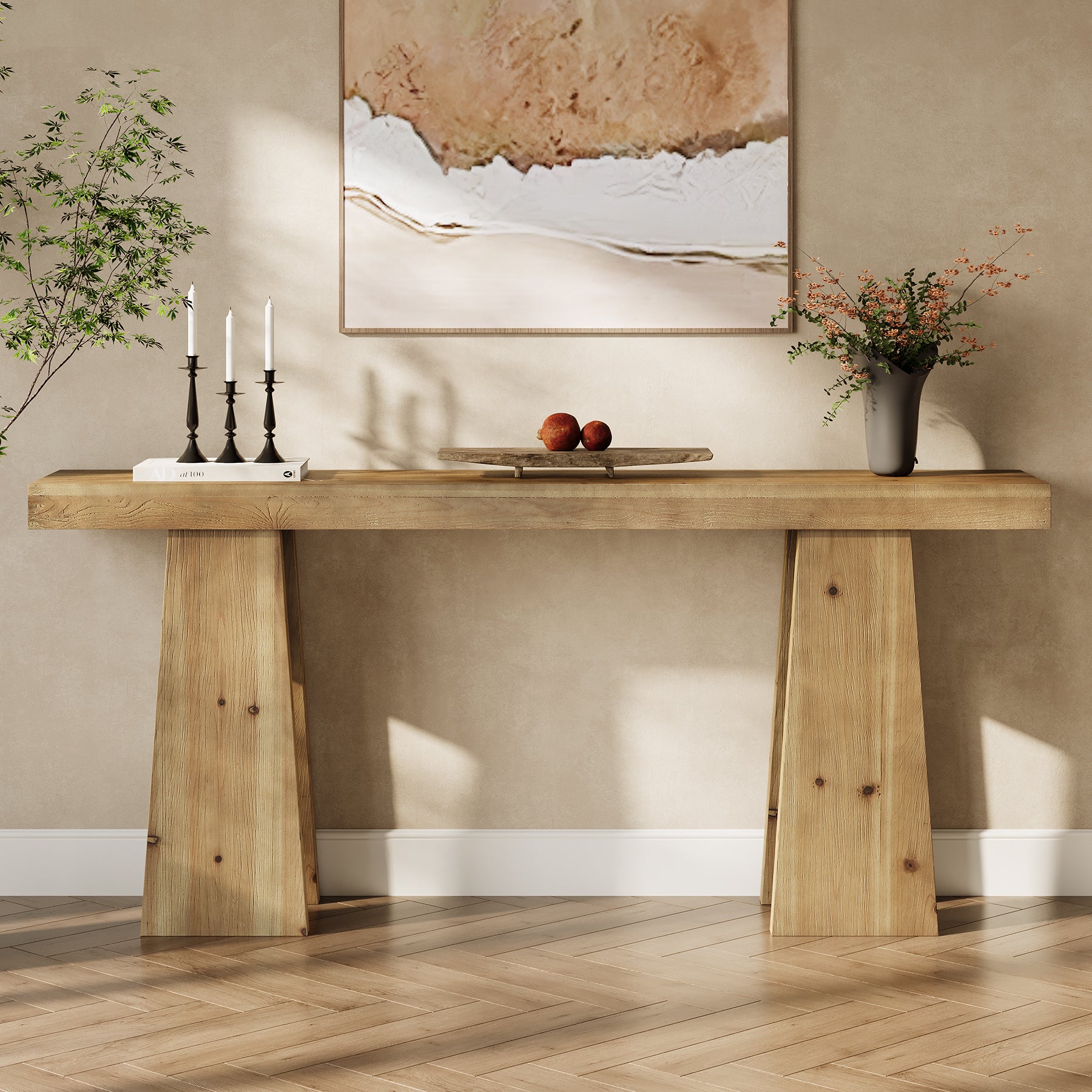 70.9" Solid Wood Console Table, Long Sofa Table with Reinforced Frame