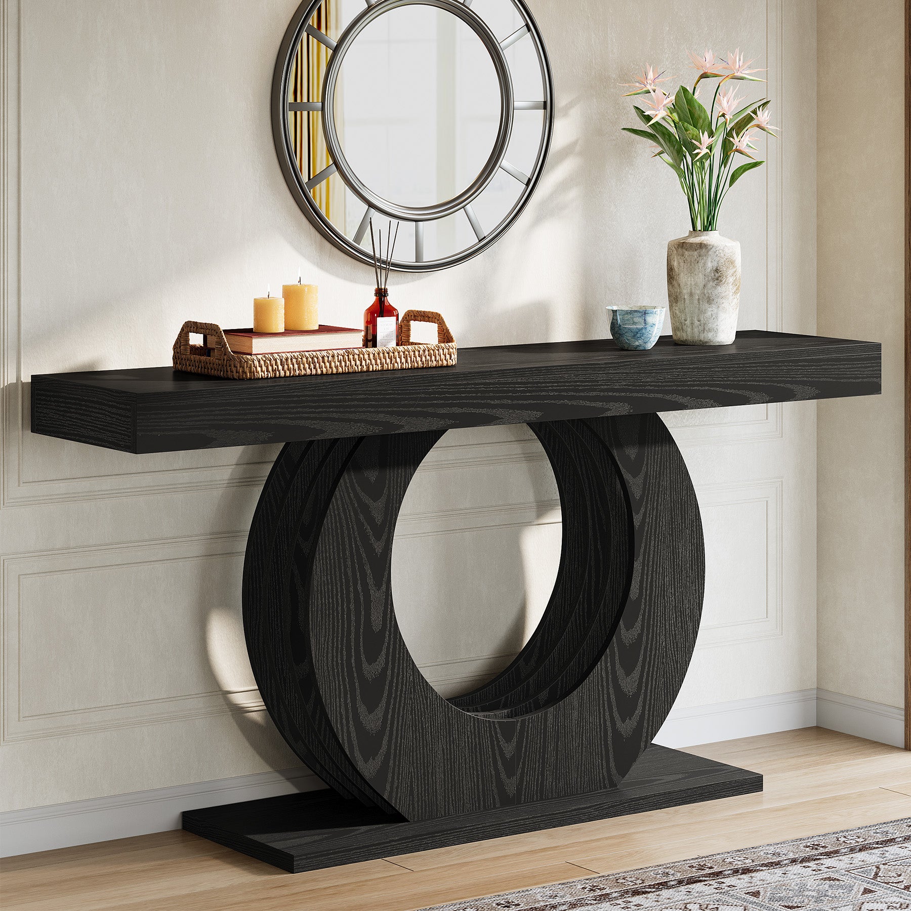 63" Console Table, Rustic Sofa Table Entryway Table with Circle Base