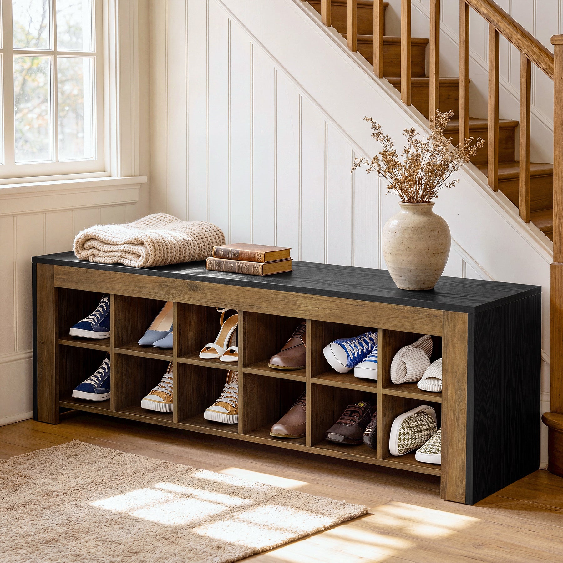 48" Farmhouse Entryway Bench, Shoe Storage Bench with 12 Cubbies for Hallway